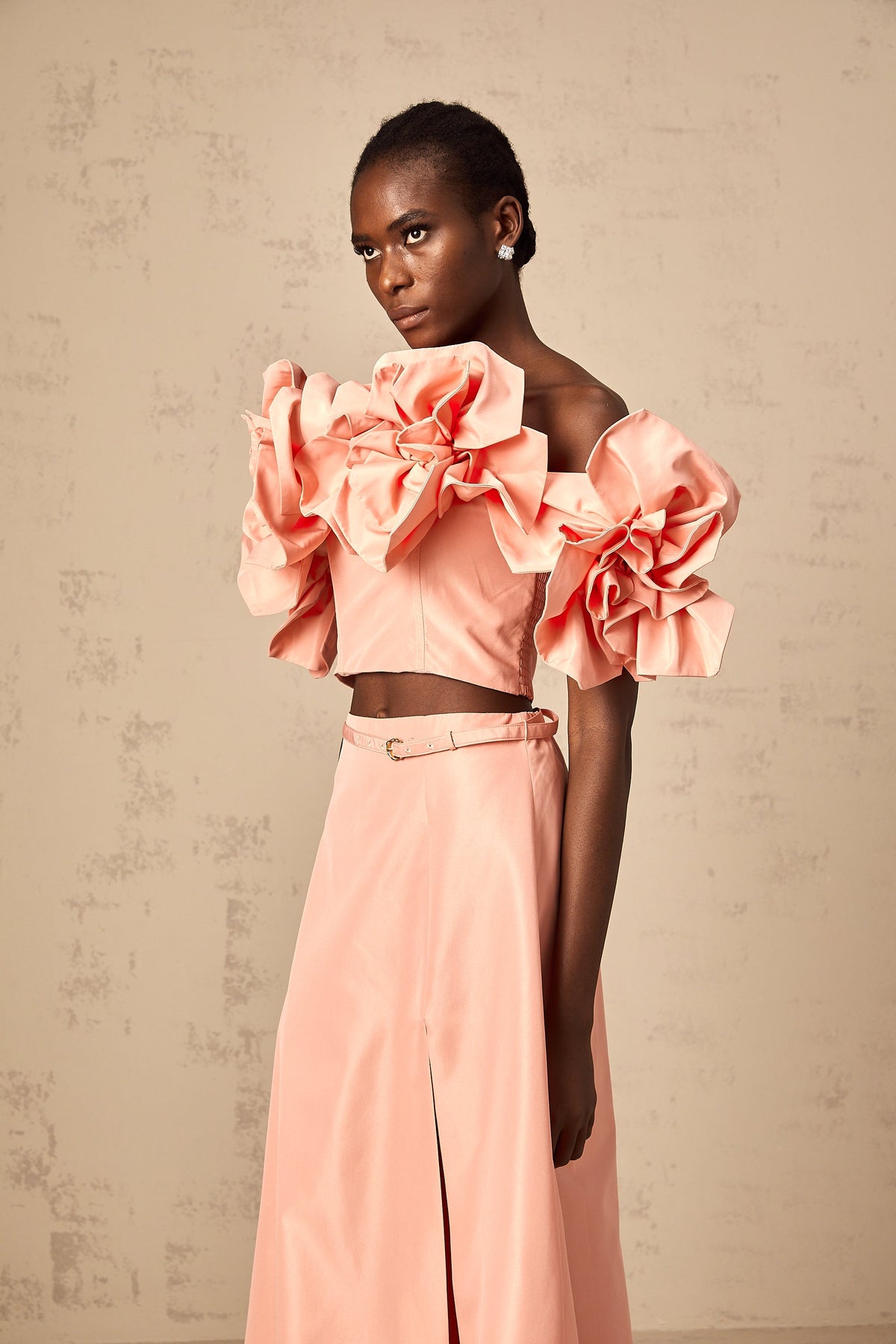Yvette pink floral-appliqué top & skirt matching set