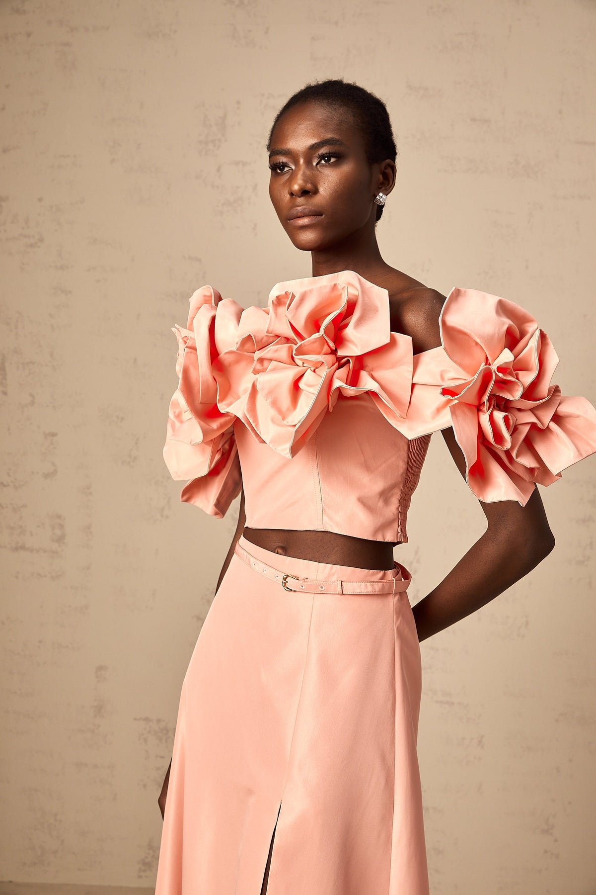 Yvette pink floral-appliqué top & skirt matching set