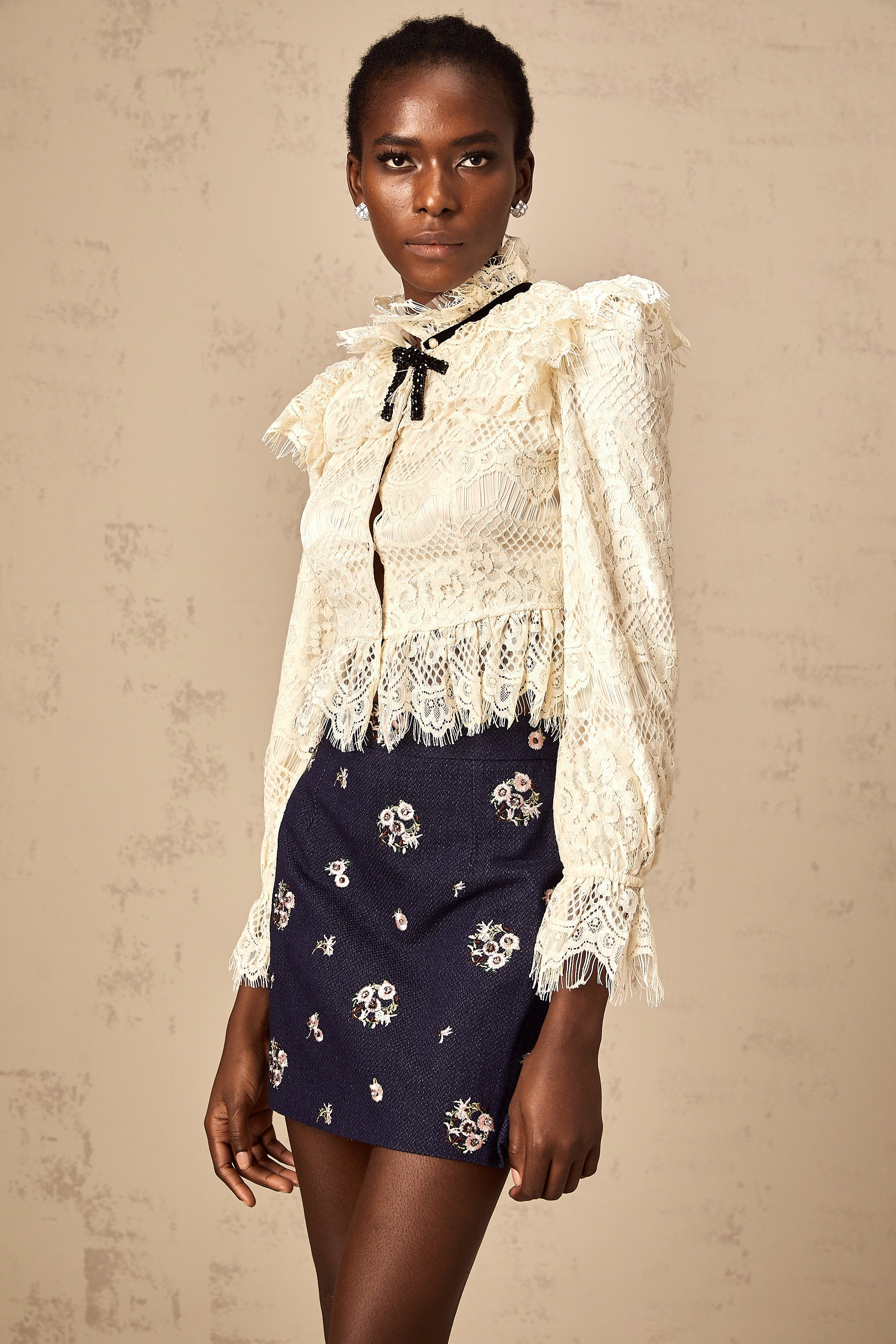 Anaelle off-white bowknot floral-lace blouse