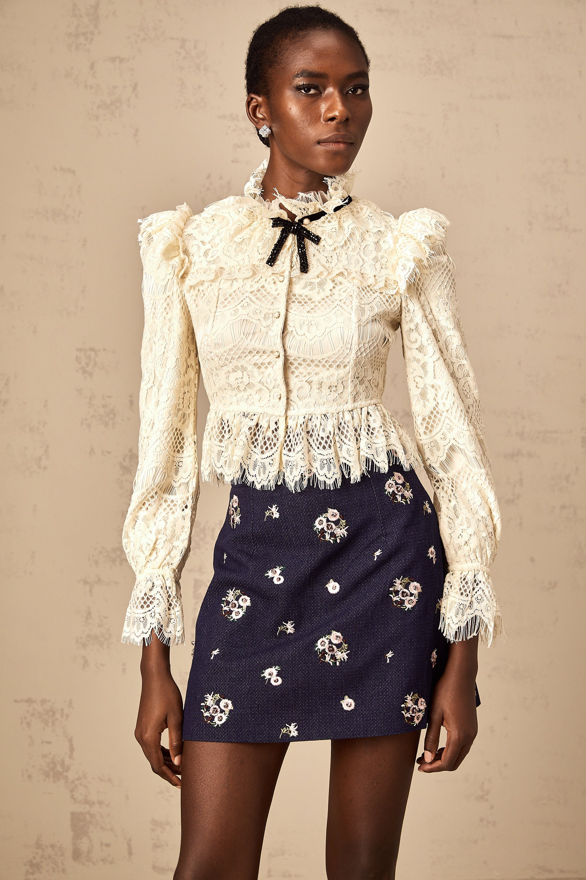 Anaelle off-white bowknot floral-lace blouse