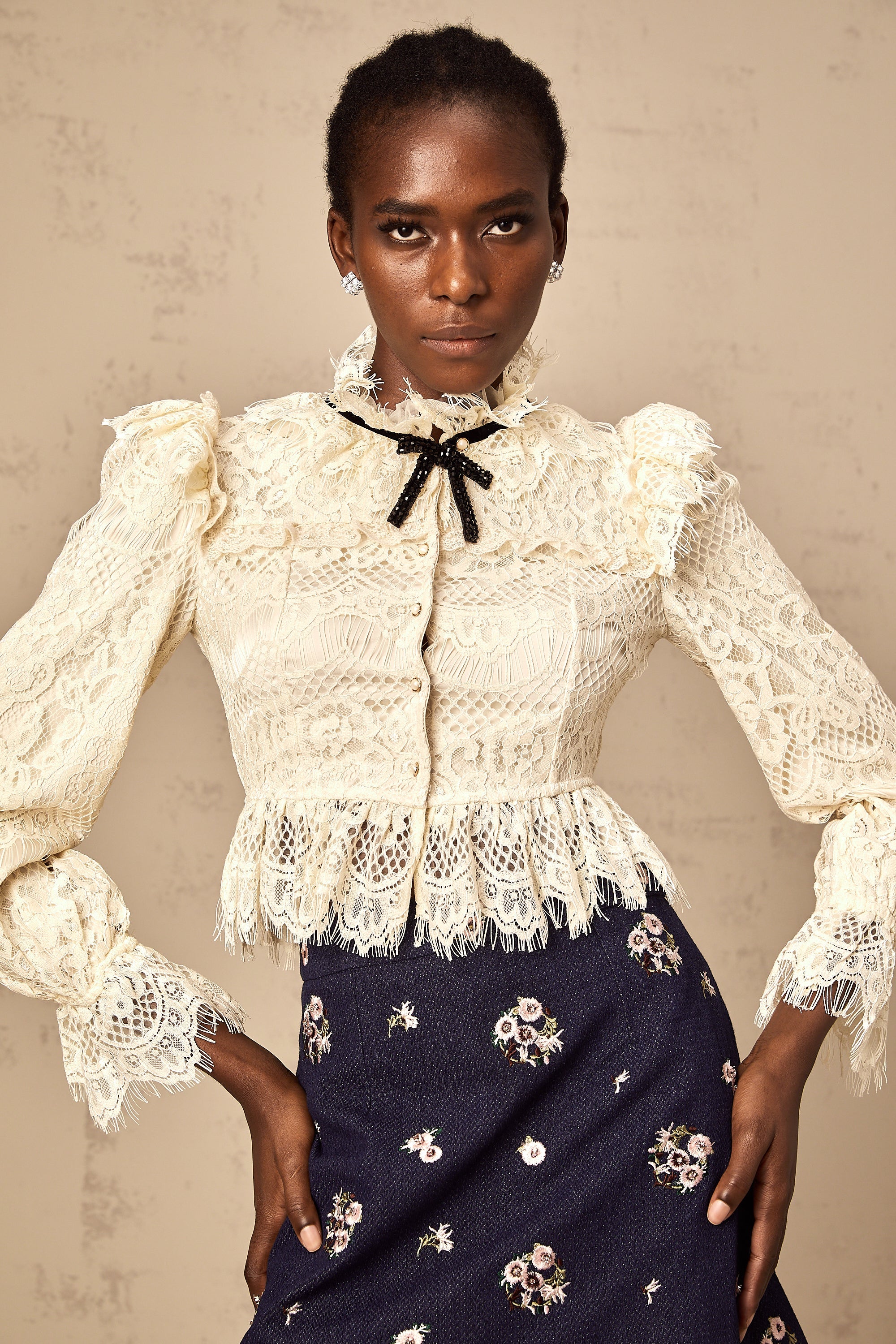 Anaelle off-white bowknot floral-lace blouse