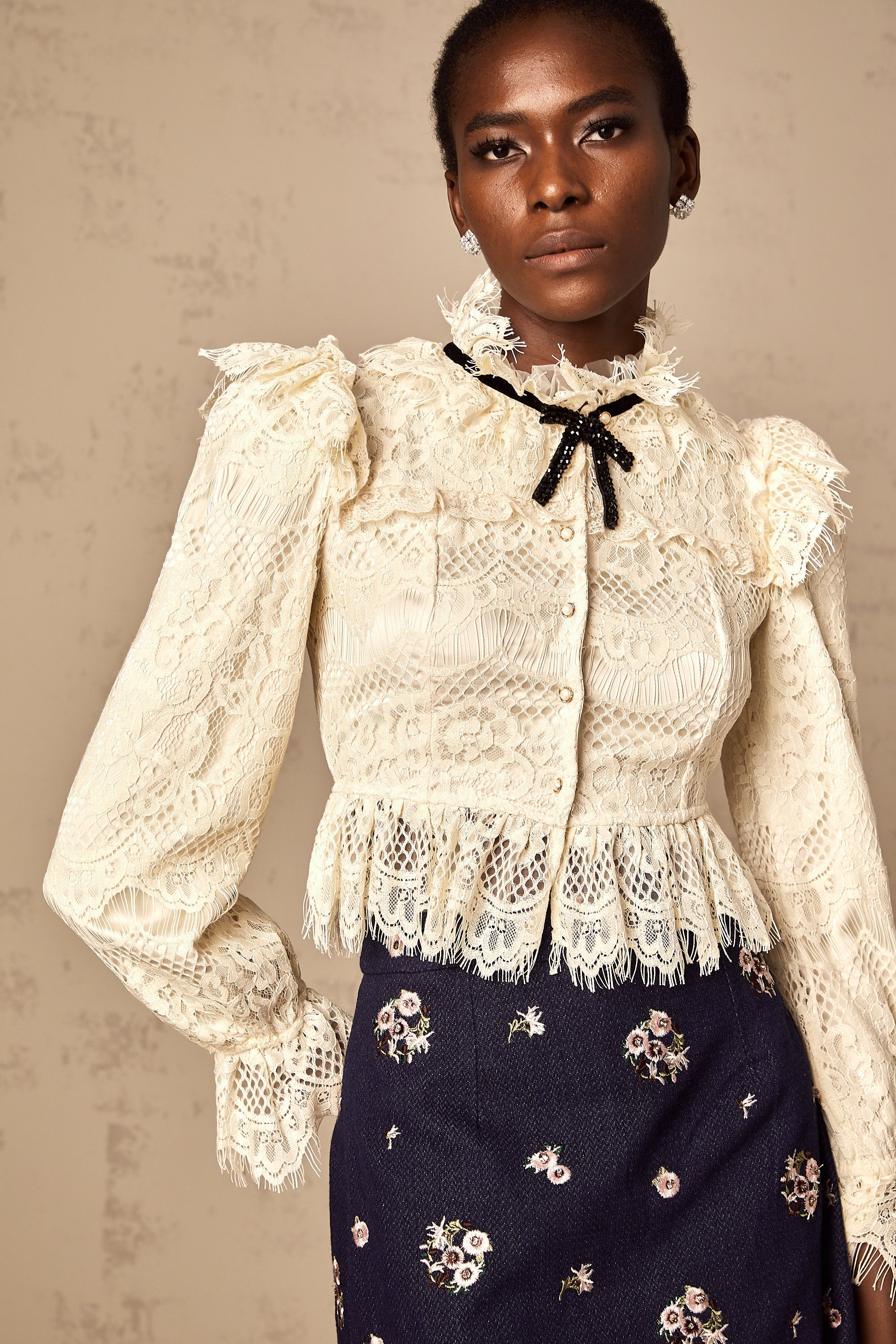 Anaelle off-white bowknot floral-lace blouse