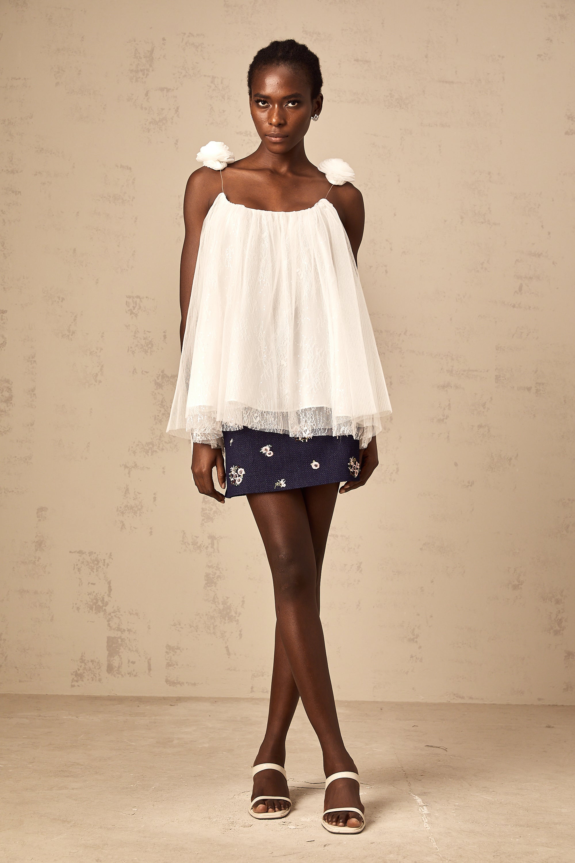 Katia white flower-appliqué mesh top