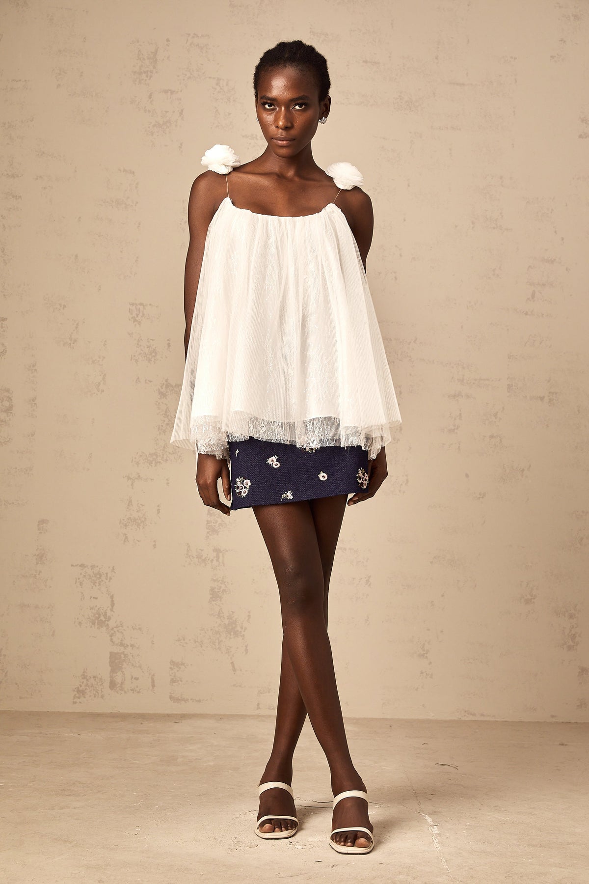 Katia white flower-appliqué mesh top