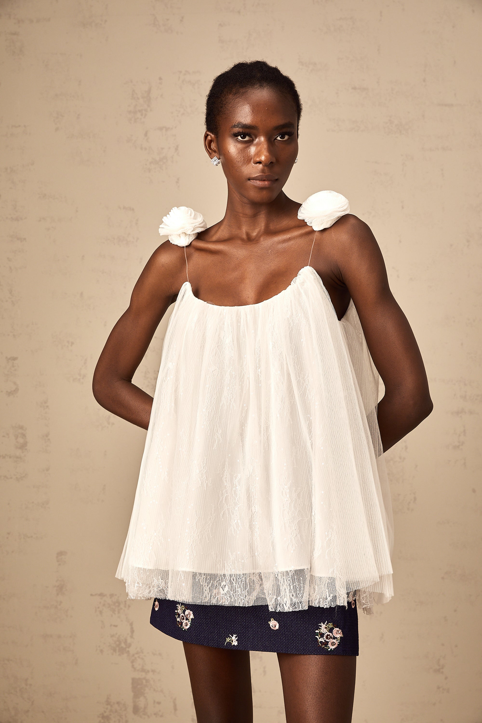 Katia white flower-appliqué mesh top