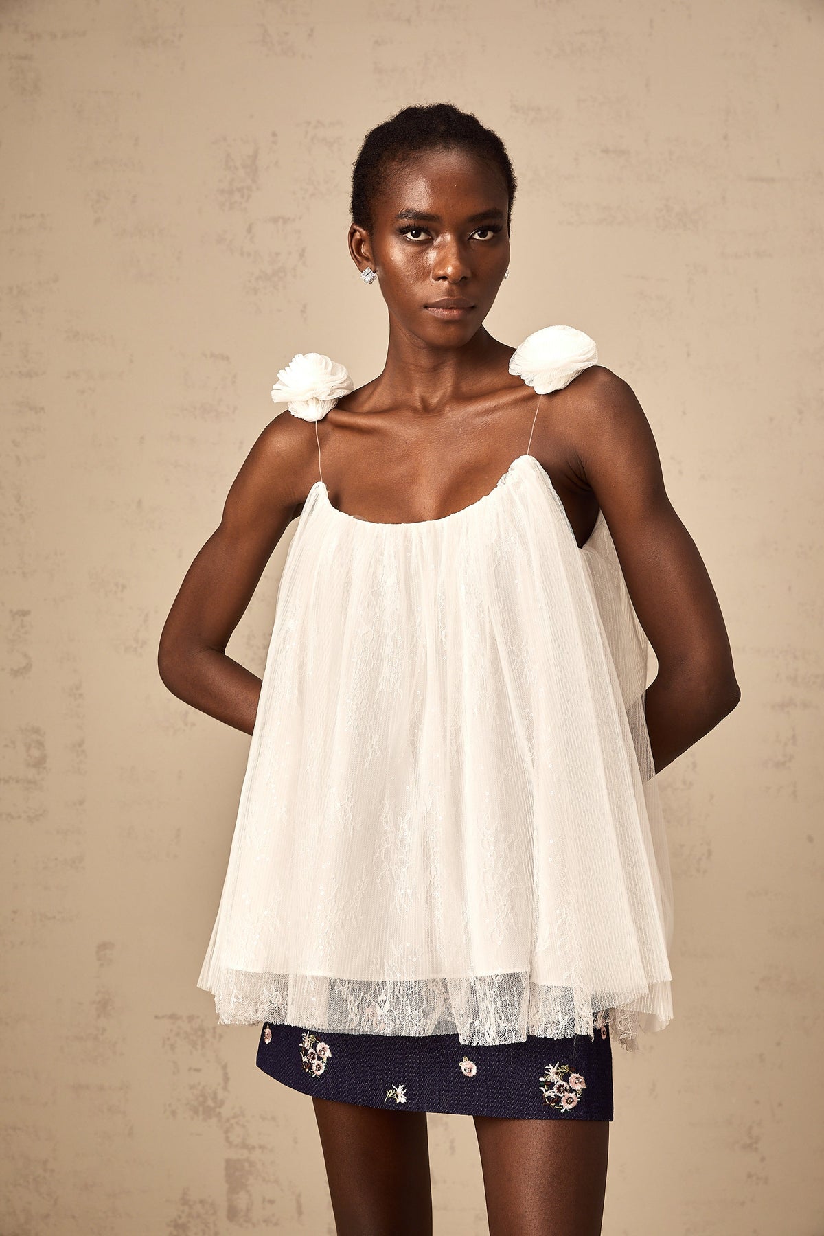 Katia white flower-appliqué mesh top