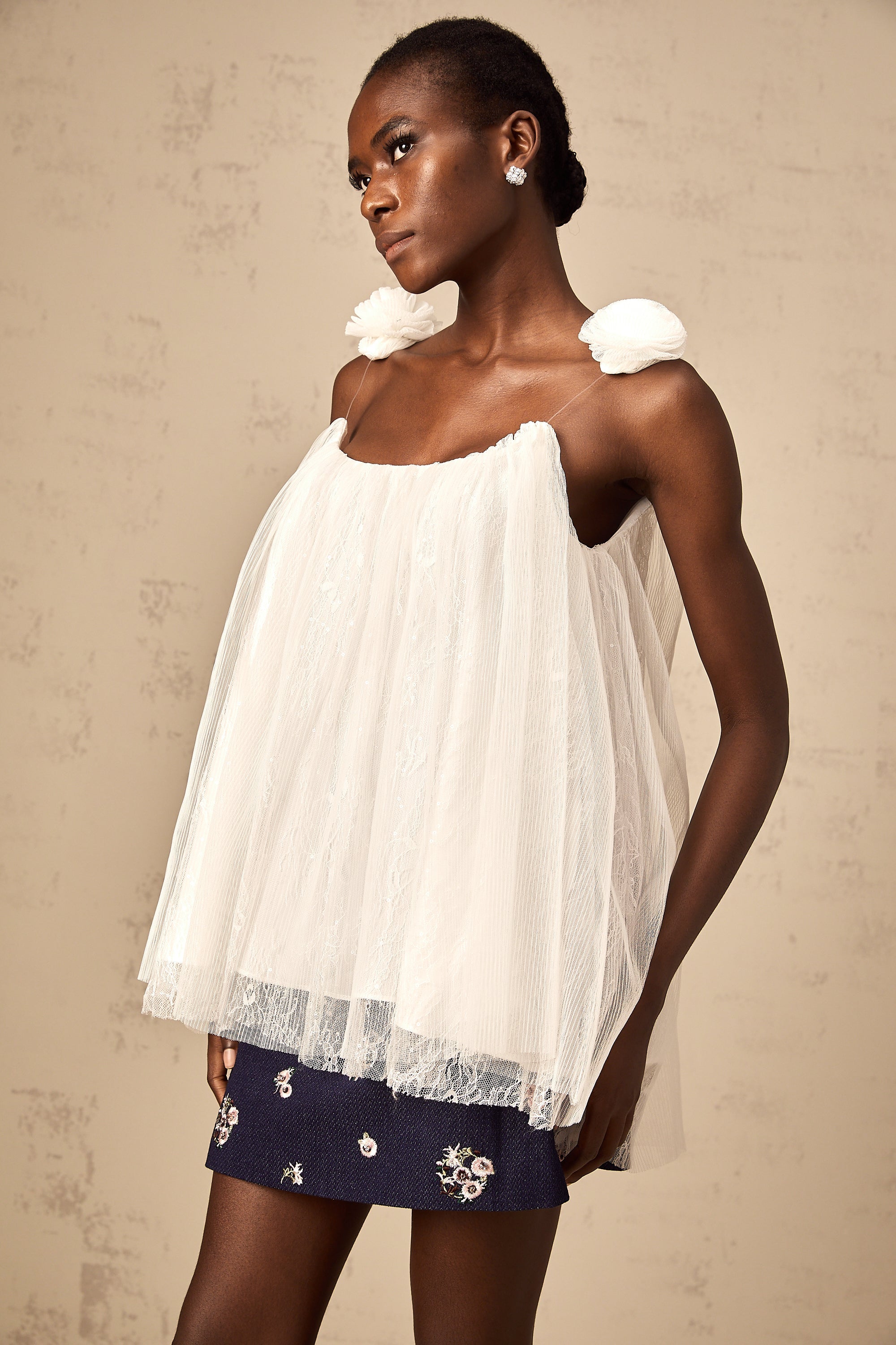 Katia white flower-appliqué mesh top
