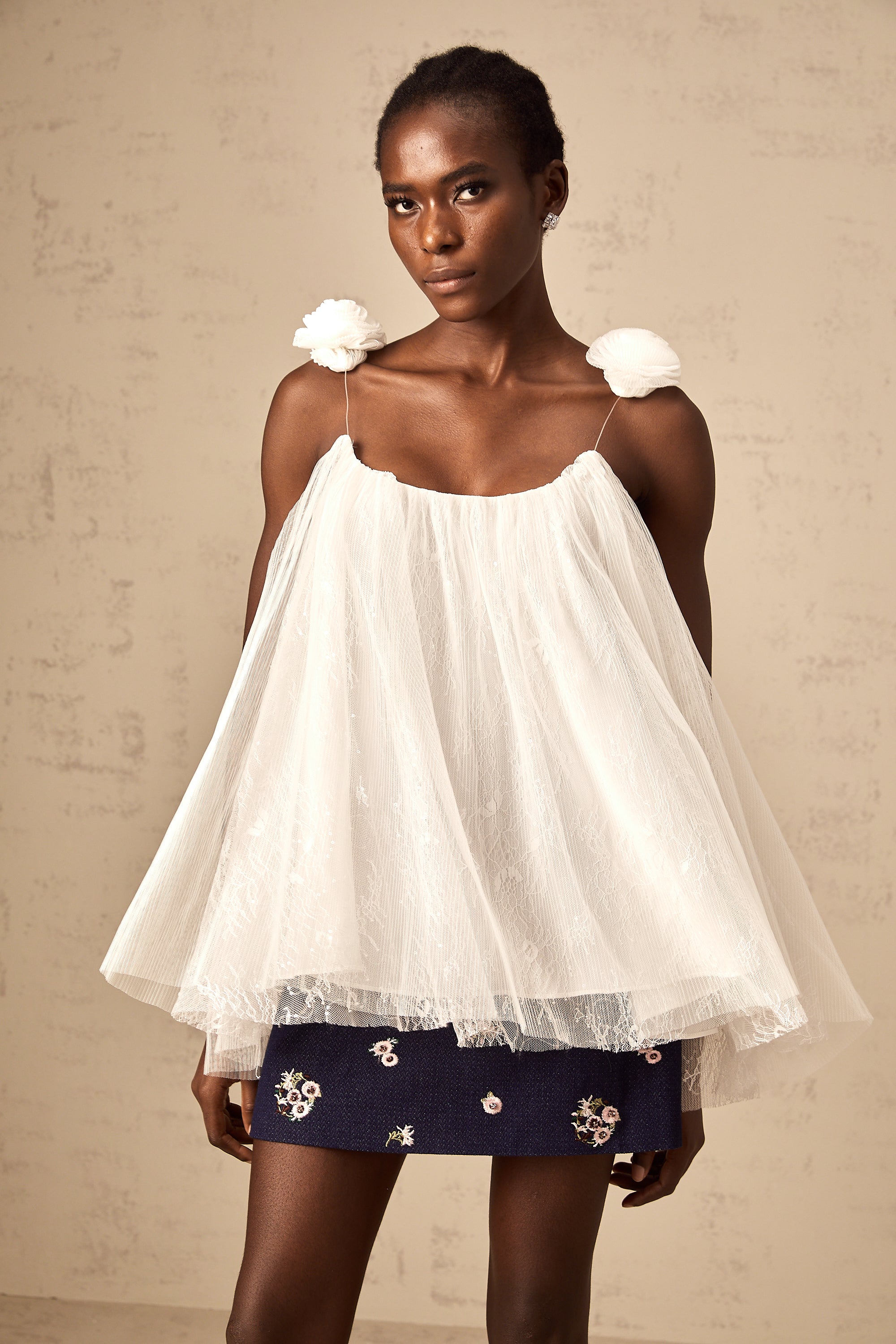 Katia white flower-appliqué mesh top