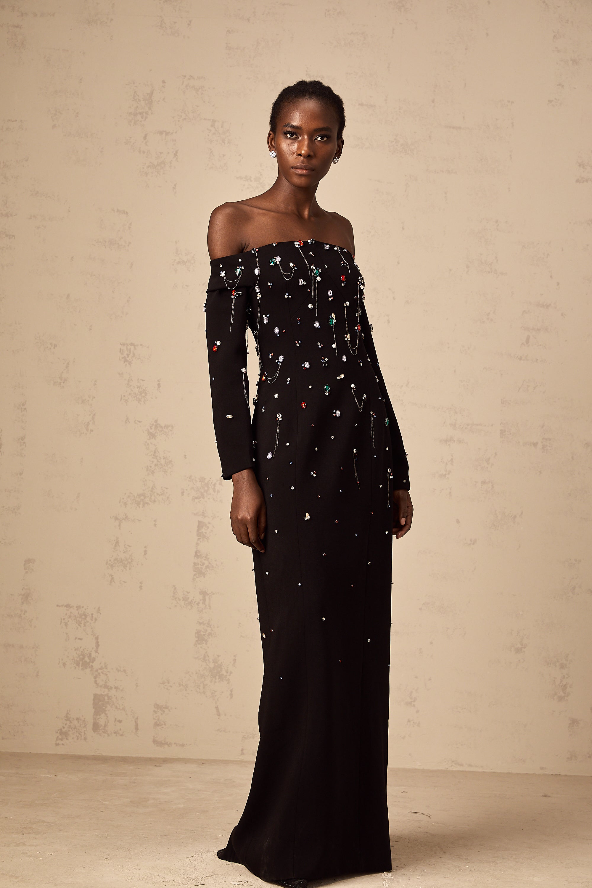 Gabrielle black crystal off-shoulder maxi dress (Final Sale)