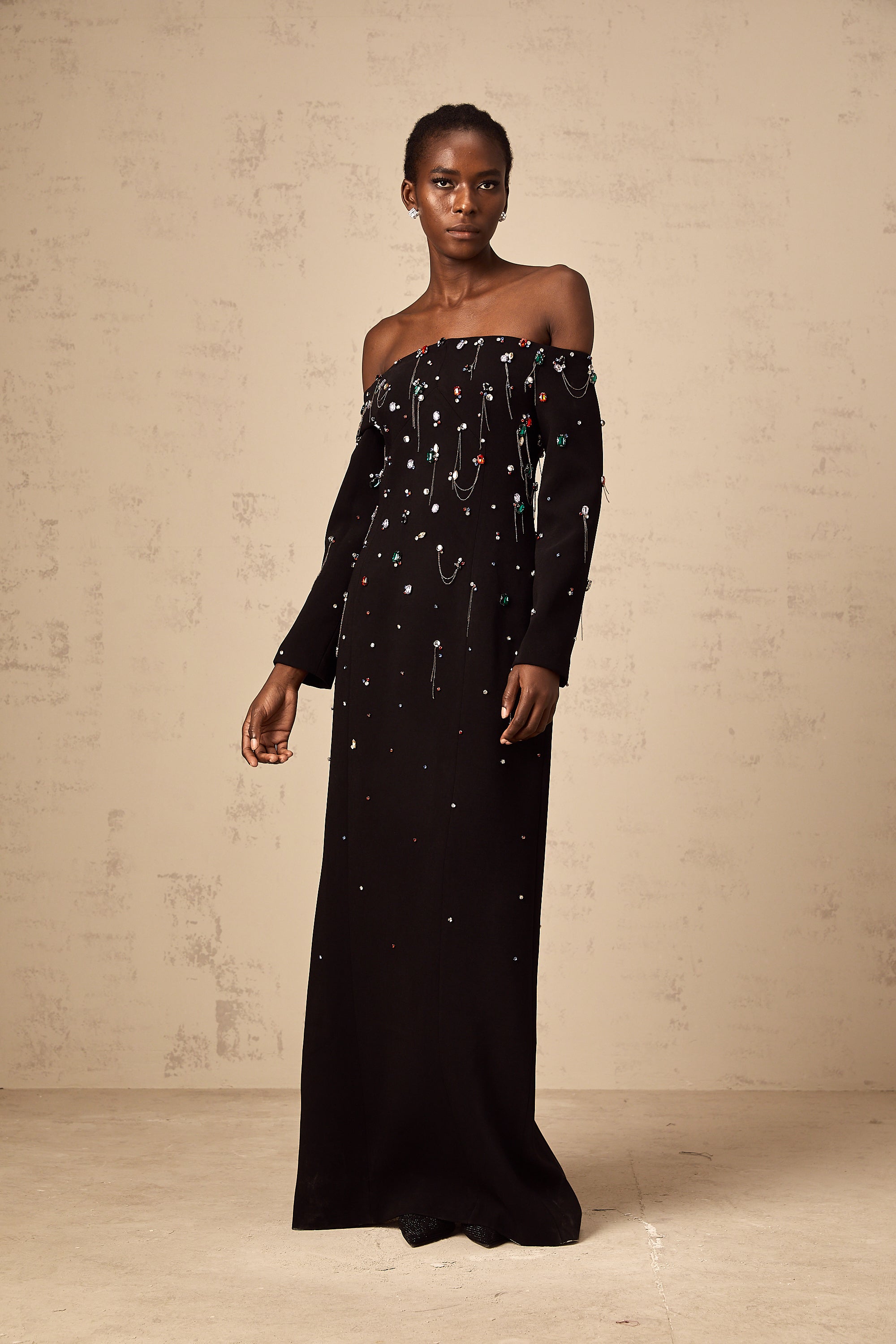 Gabrielle black crystal off-shoulder maxi dress