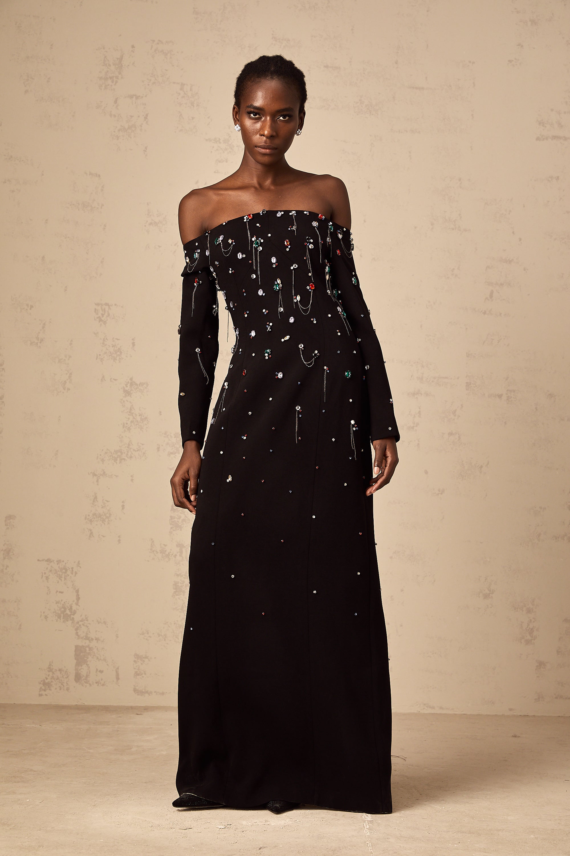Gabrielle black crystal off-shoulder maxi dress