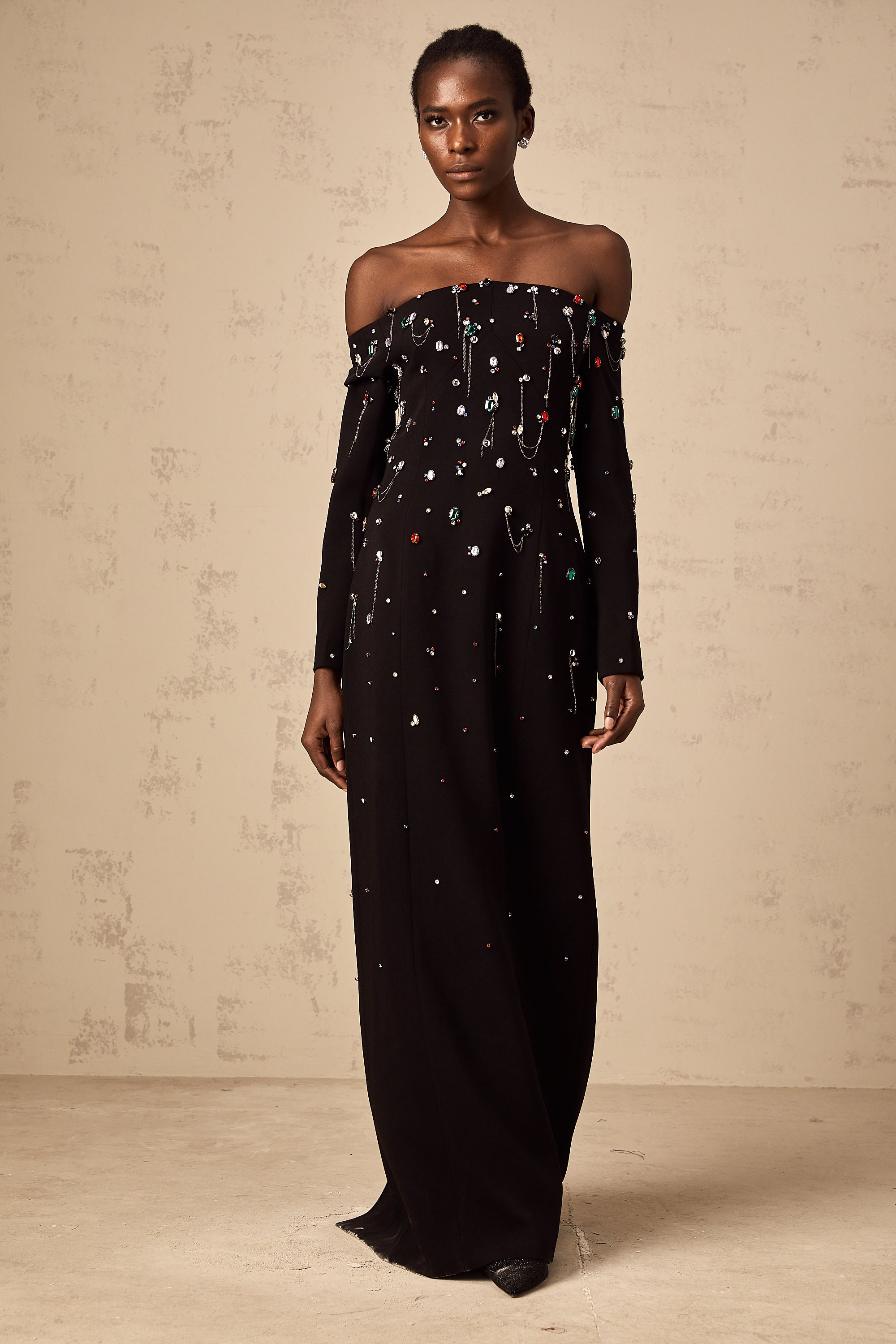 Gabrielle black crystal off-shoulder maxi dress