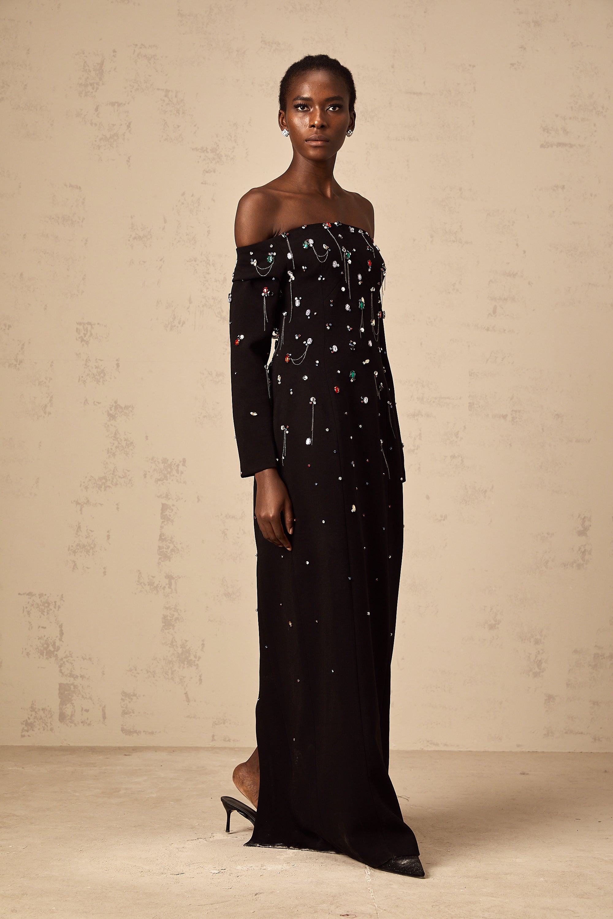 Gabrielle black crystal off-shoulder maxi dress