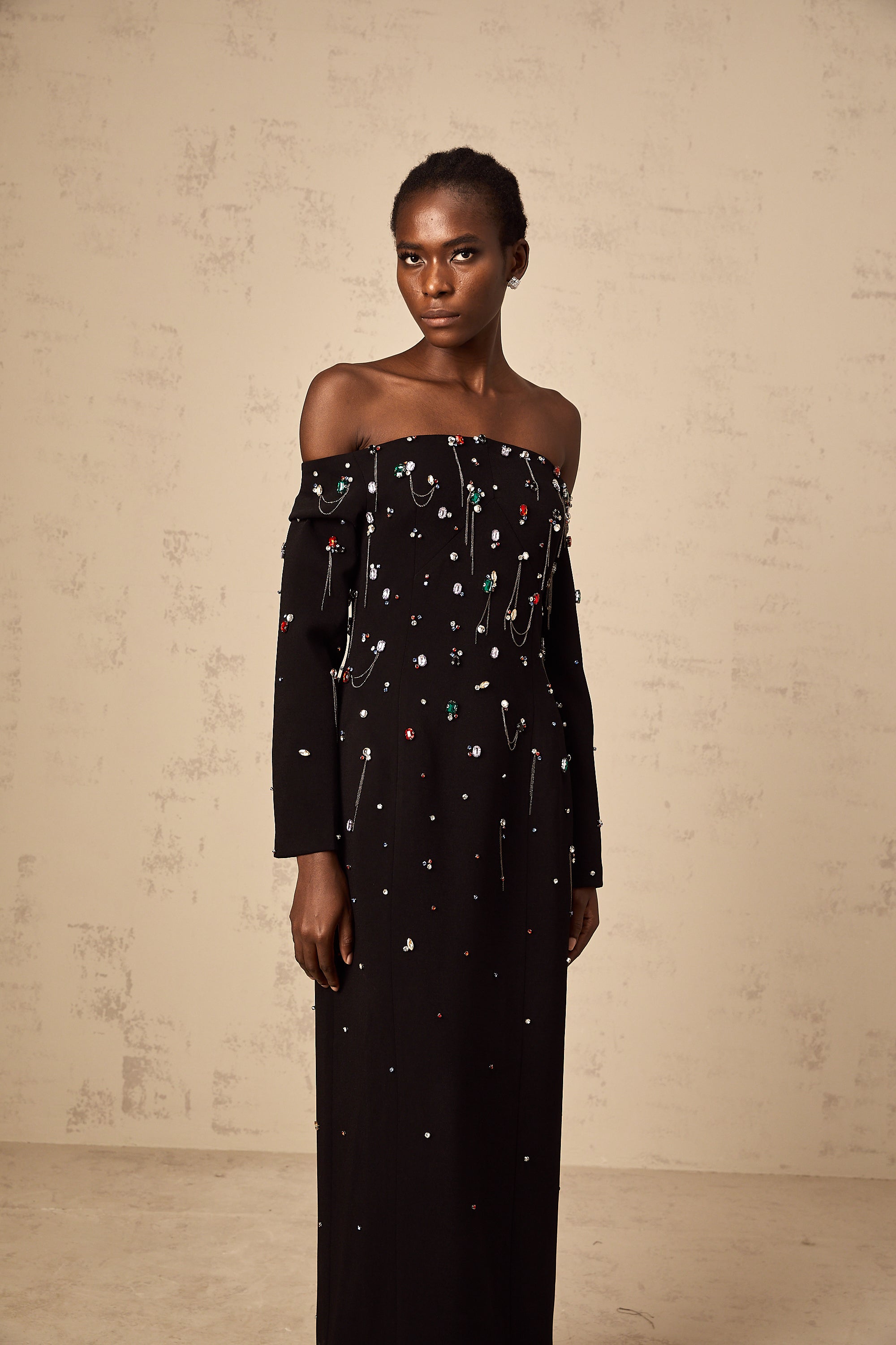 Gabrielle black crystal off-shoulder maxi dress