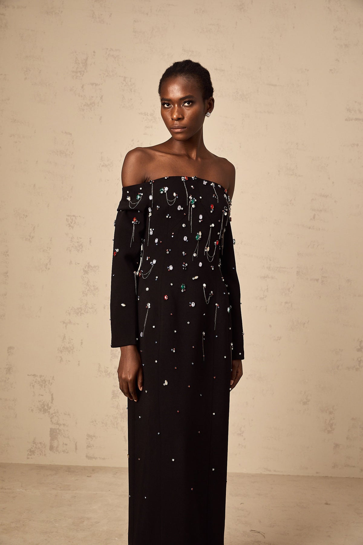 Gabrielle black crystal off-shoulder maxi dress (Final Sale)