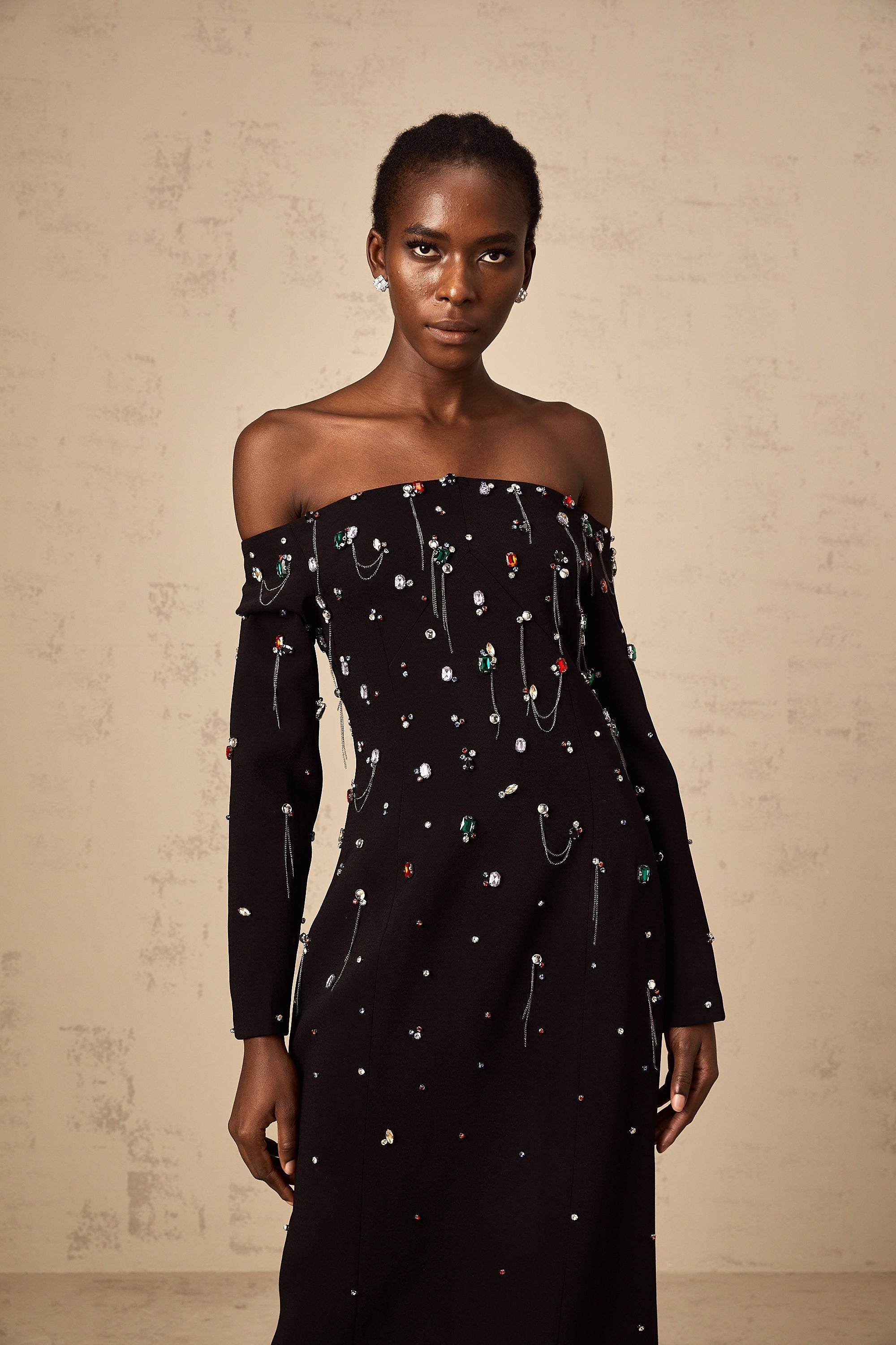 Gabrielle black crystal off-shoulder maxi dress