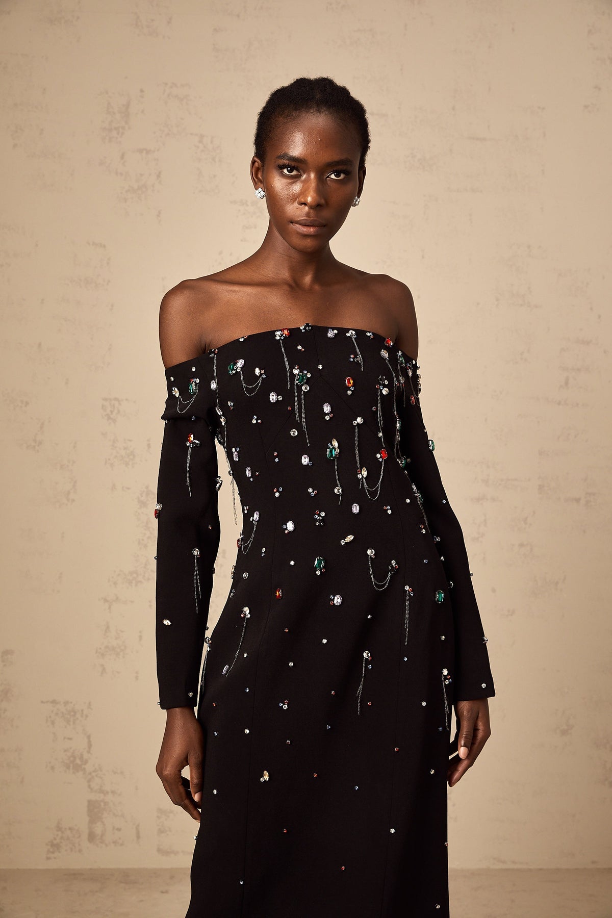 Gabrielle black crystal off-shoulder maxi dress (Final Sale-US Only)