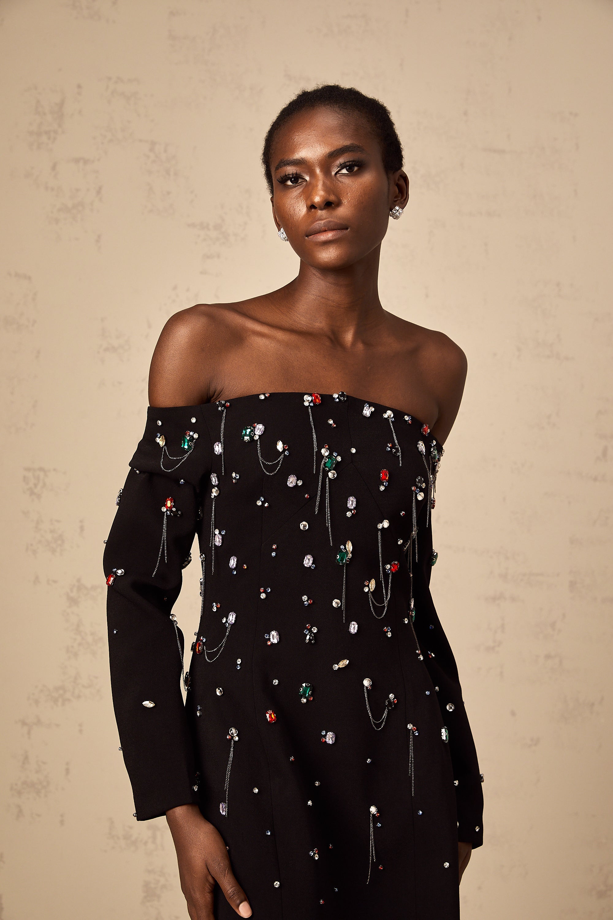 Gabrielle black crystal off-shoulder maxi dress
