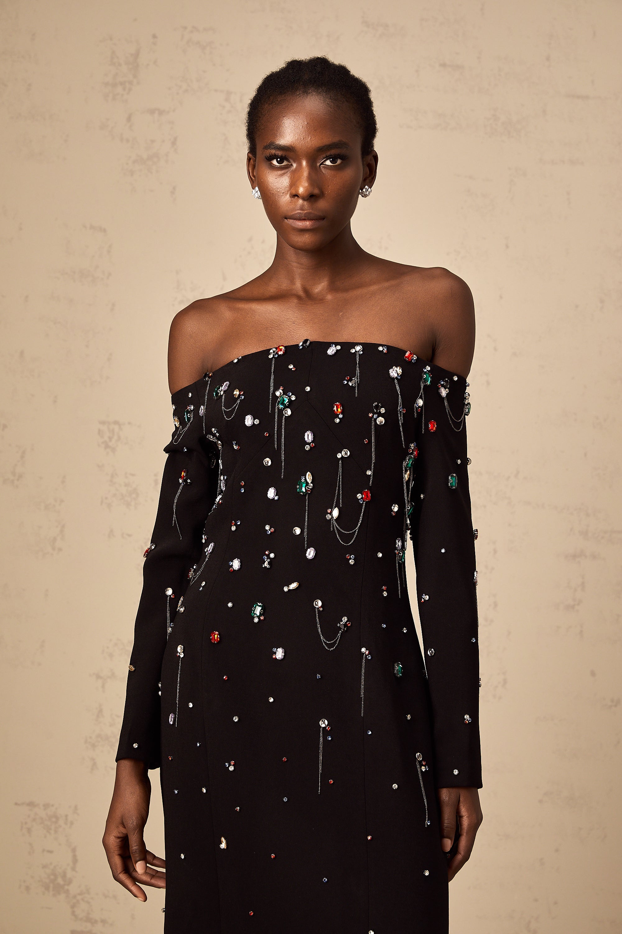 Gabrielle black crystal off-shoulder maxi dress