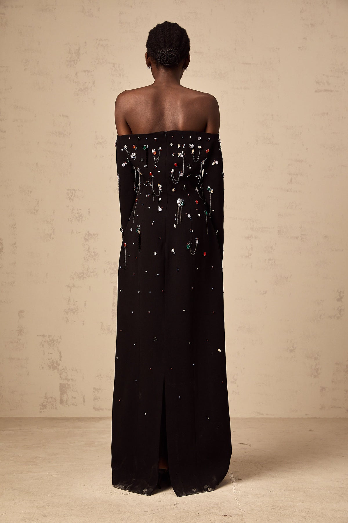 Gabrielle black crystal off-shoulder maxi dress (Final Sale)