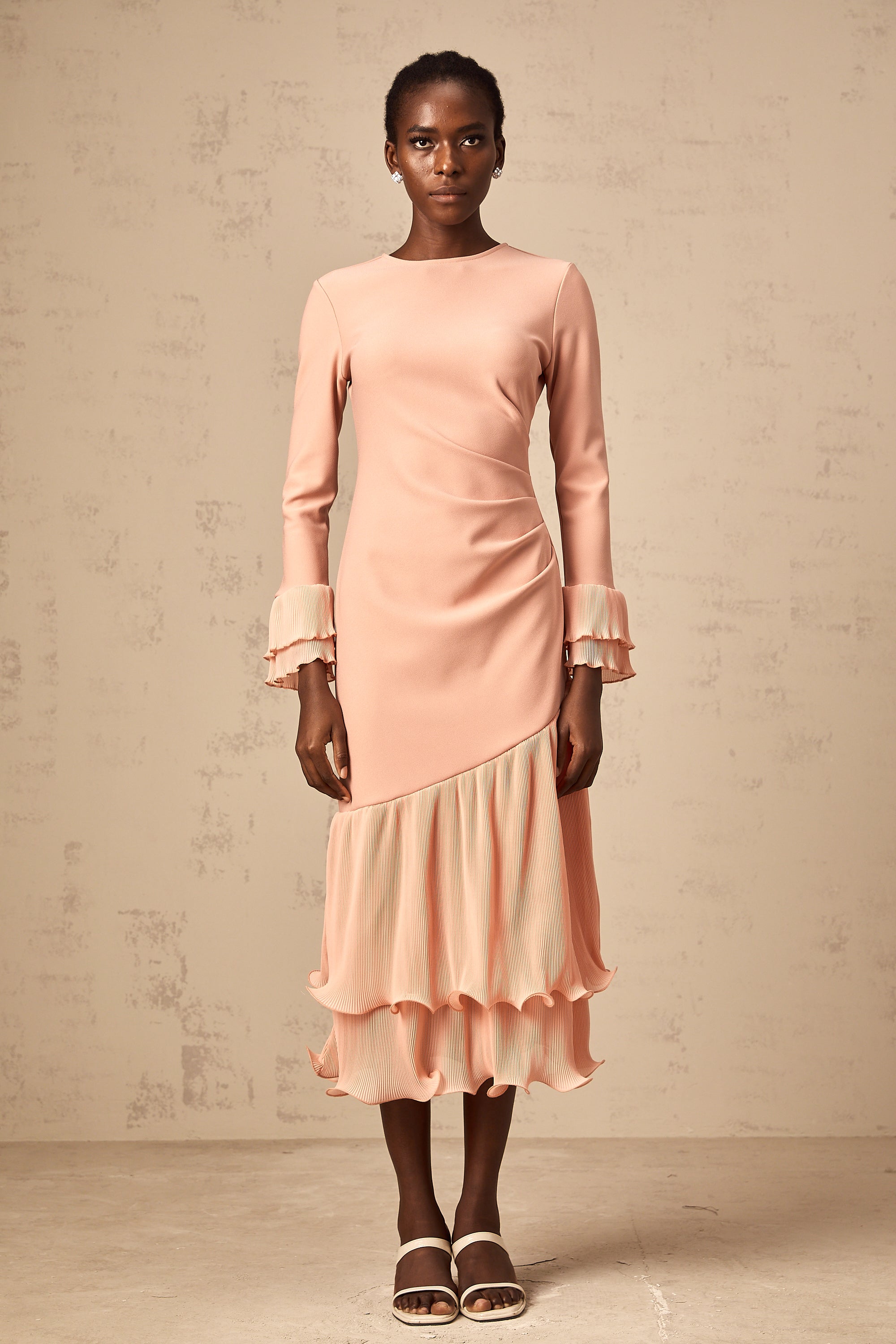 Fleurida ruffled-trim panelled midi dress in Pink