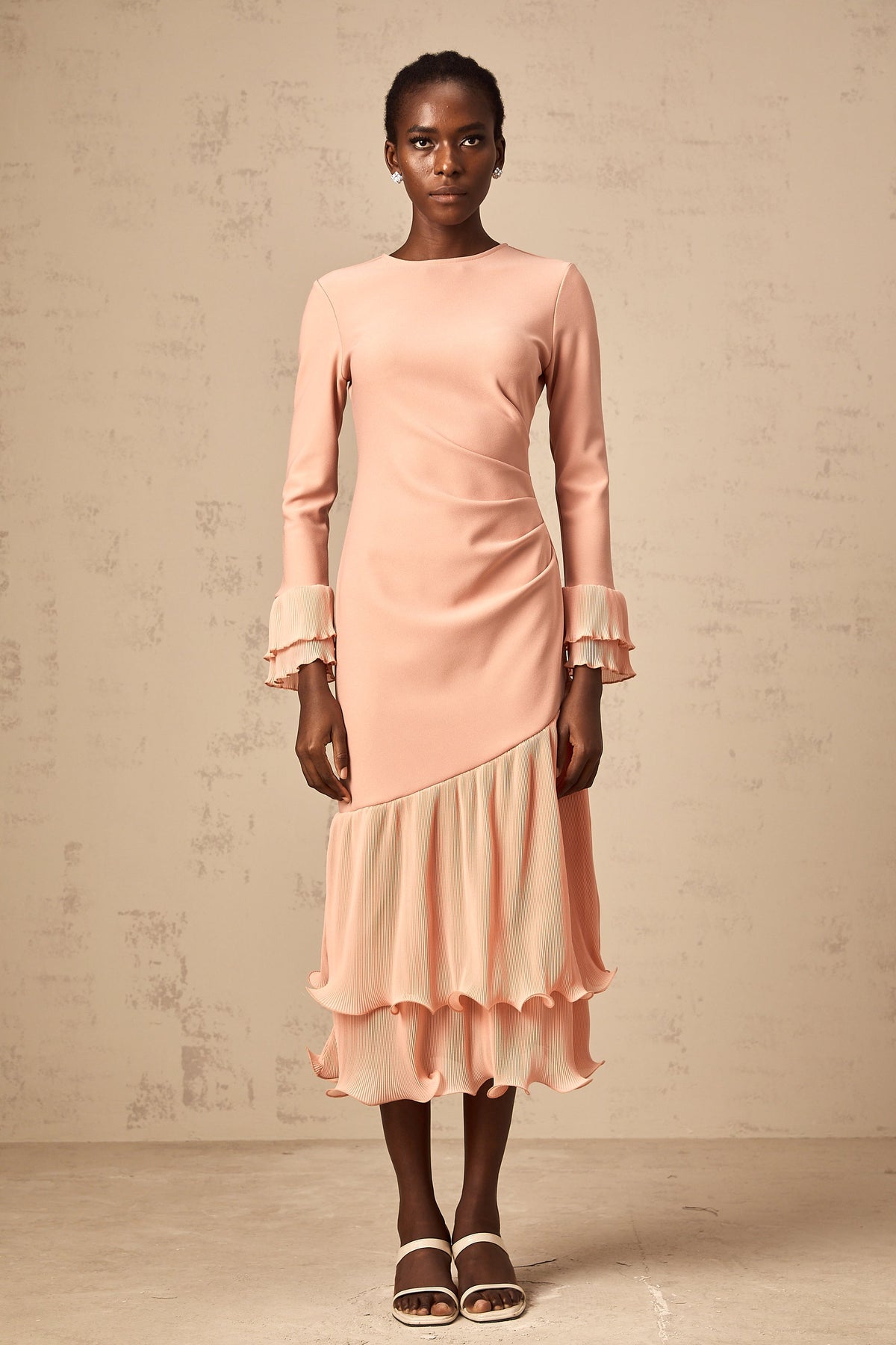 Fleurida ruffled-trim panelled midi dress in Pink