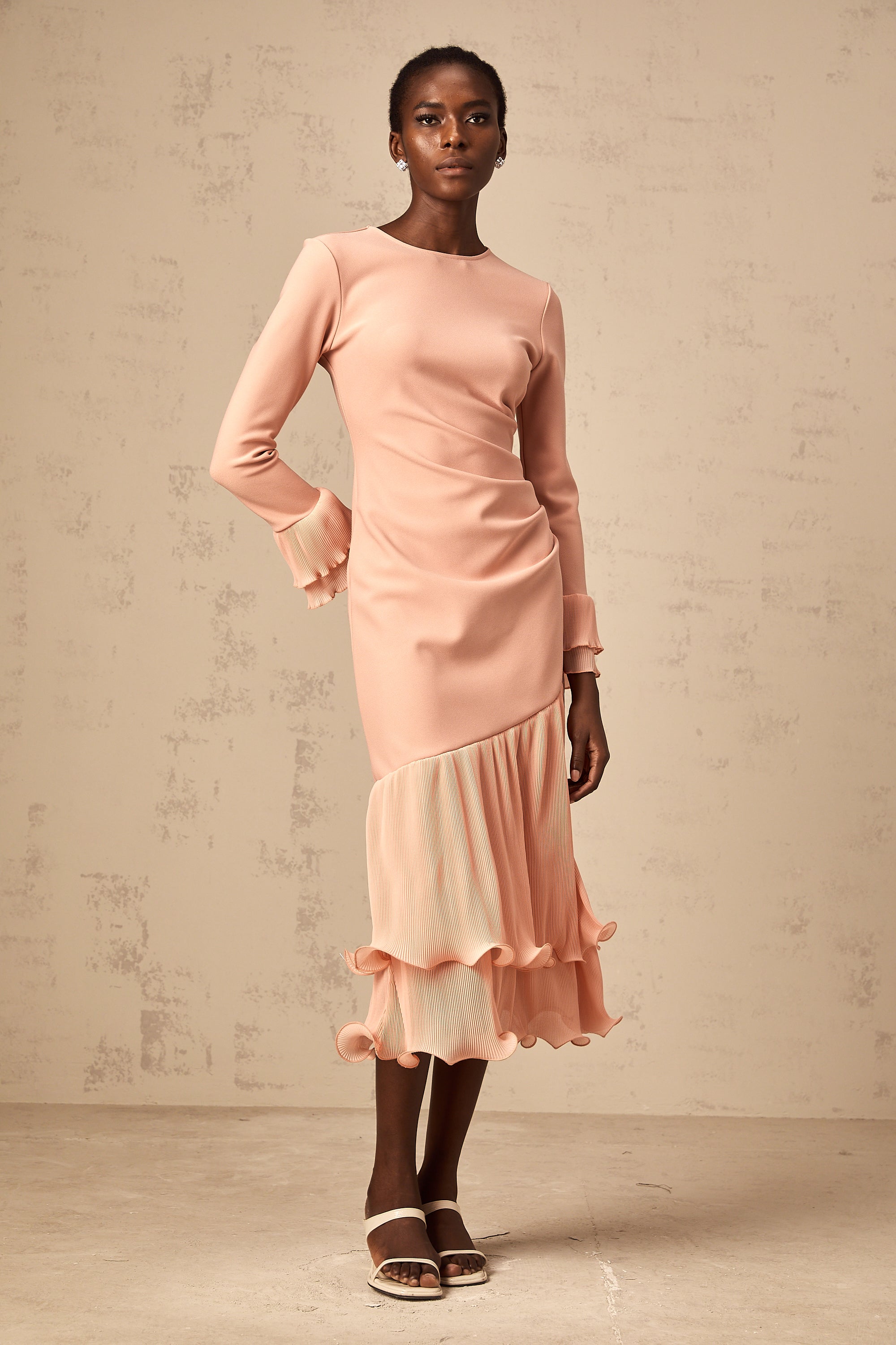Fleurida ruffled-trim panelled midi dress in Pink