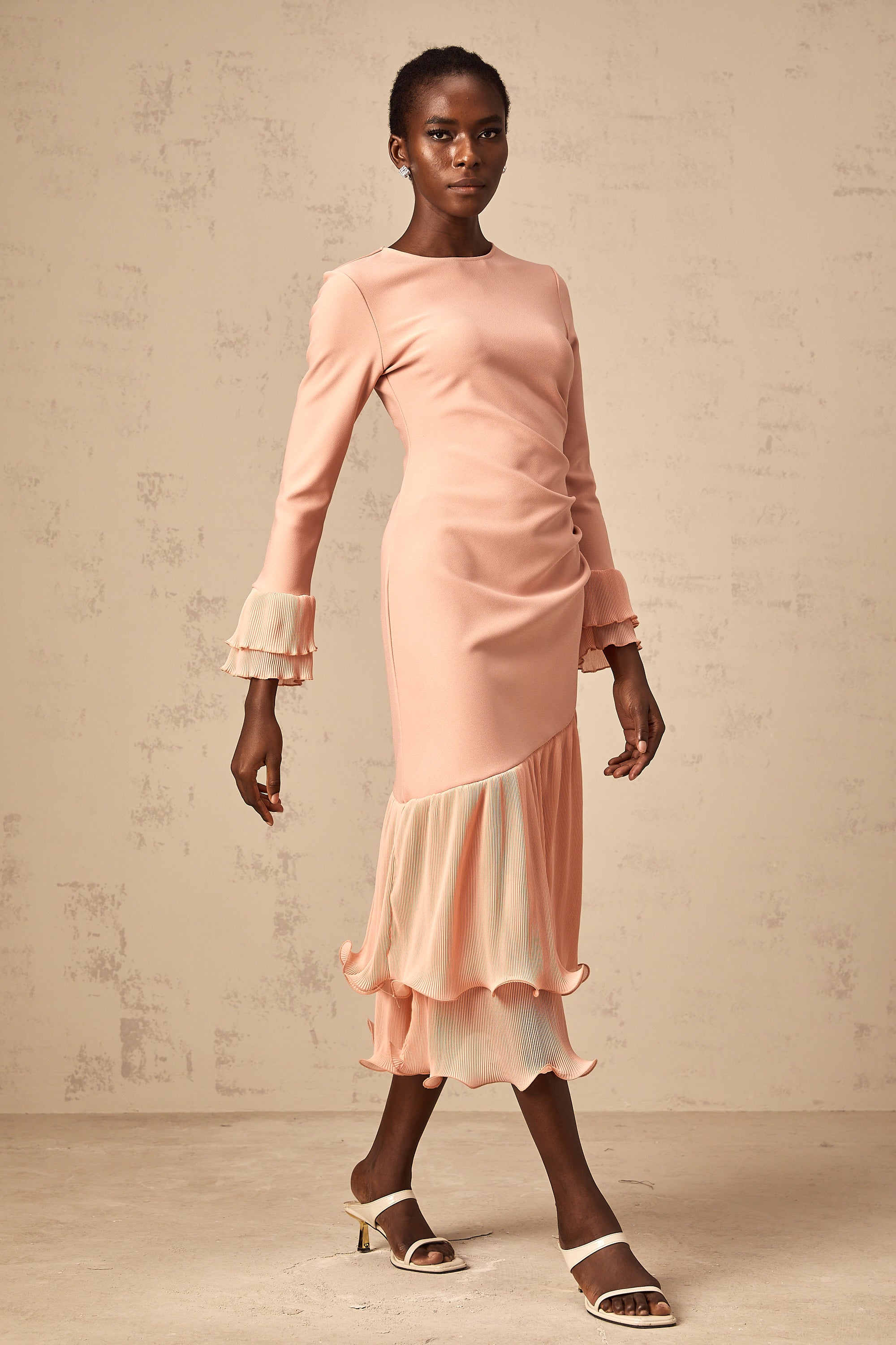 Fleurida ruffled-trim panelled midi dress in Pink
