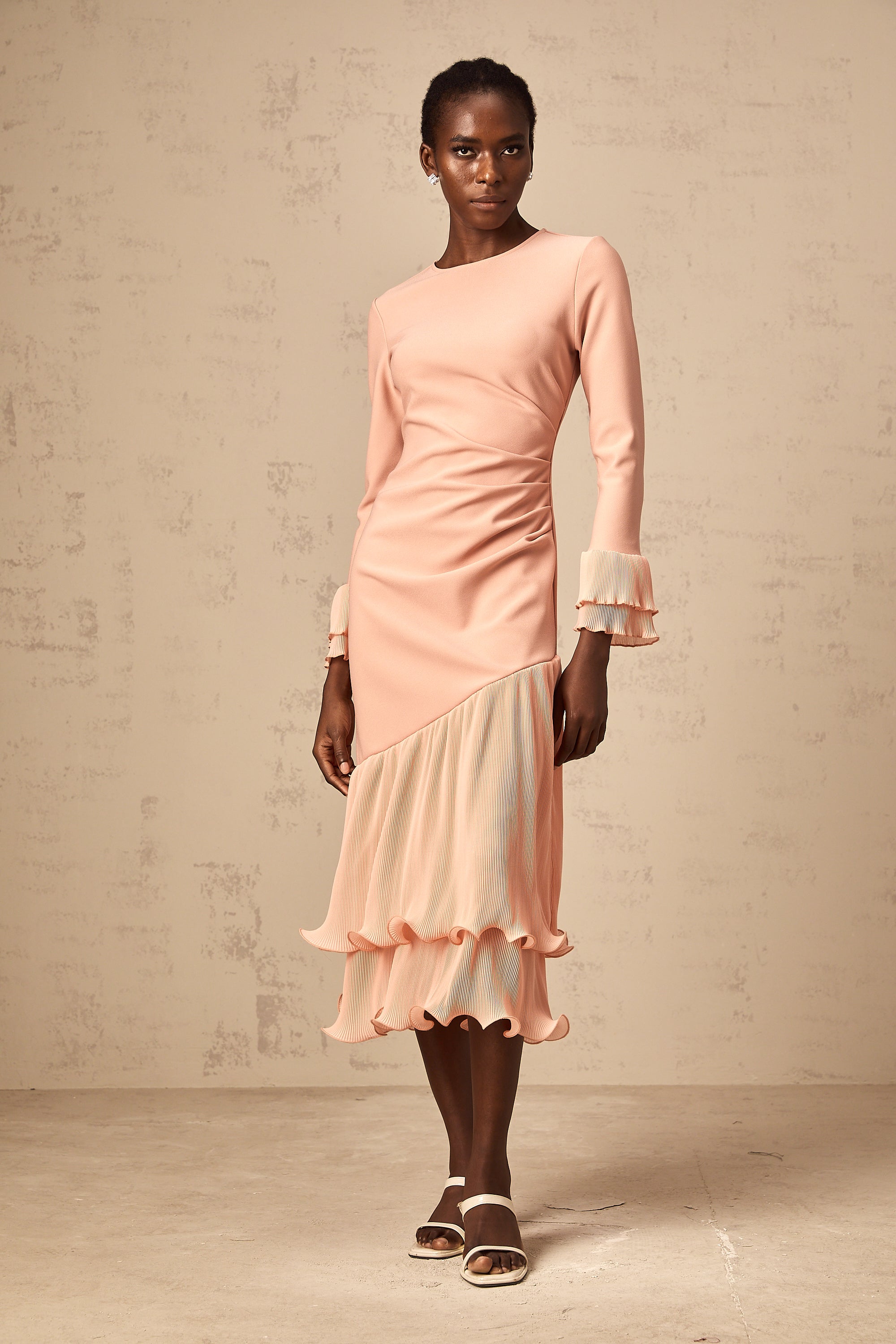 Fleurida ruffled-trim panelled midi dress in Pink
