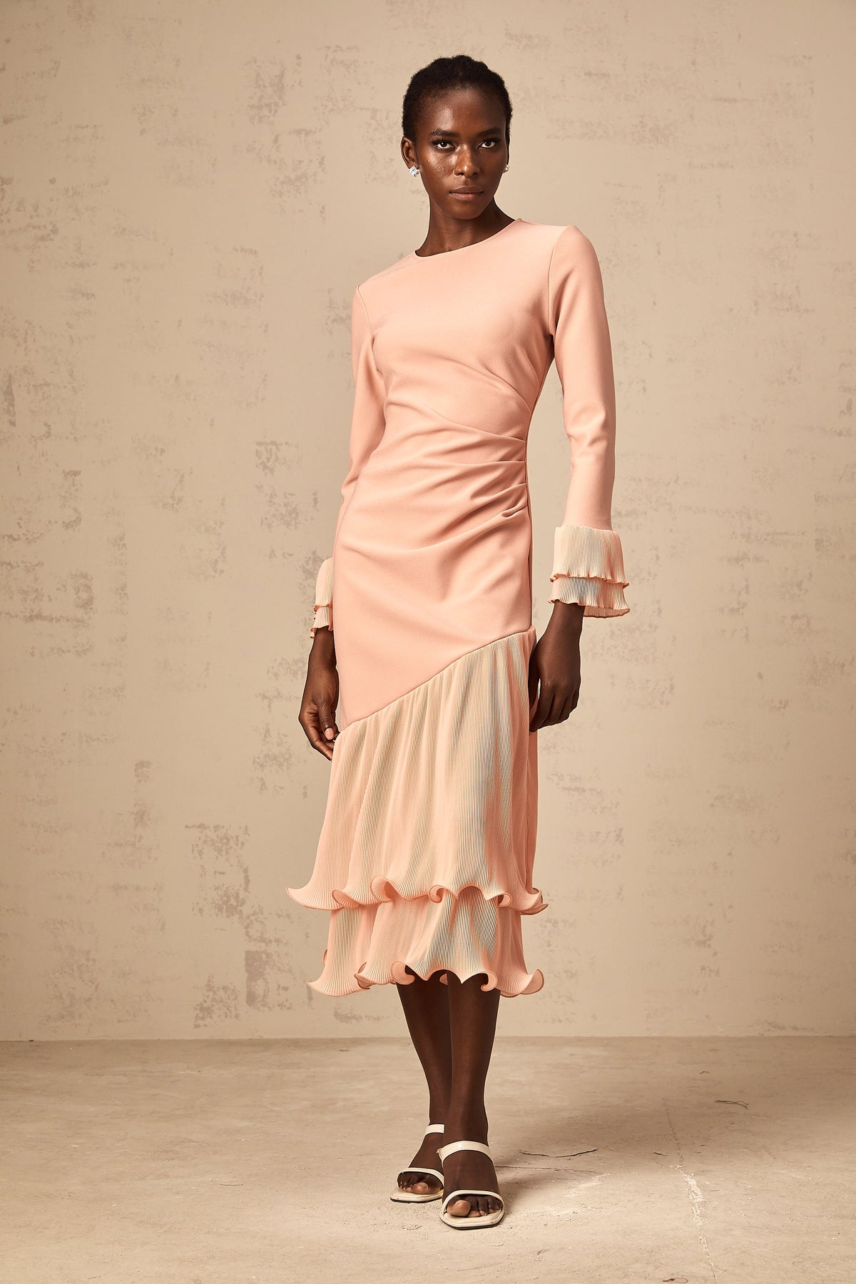 Fleurida ruffled-trim panelled midi dress in Pink