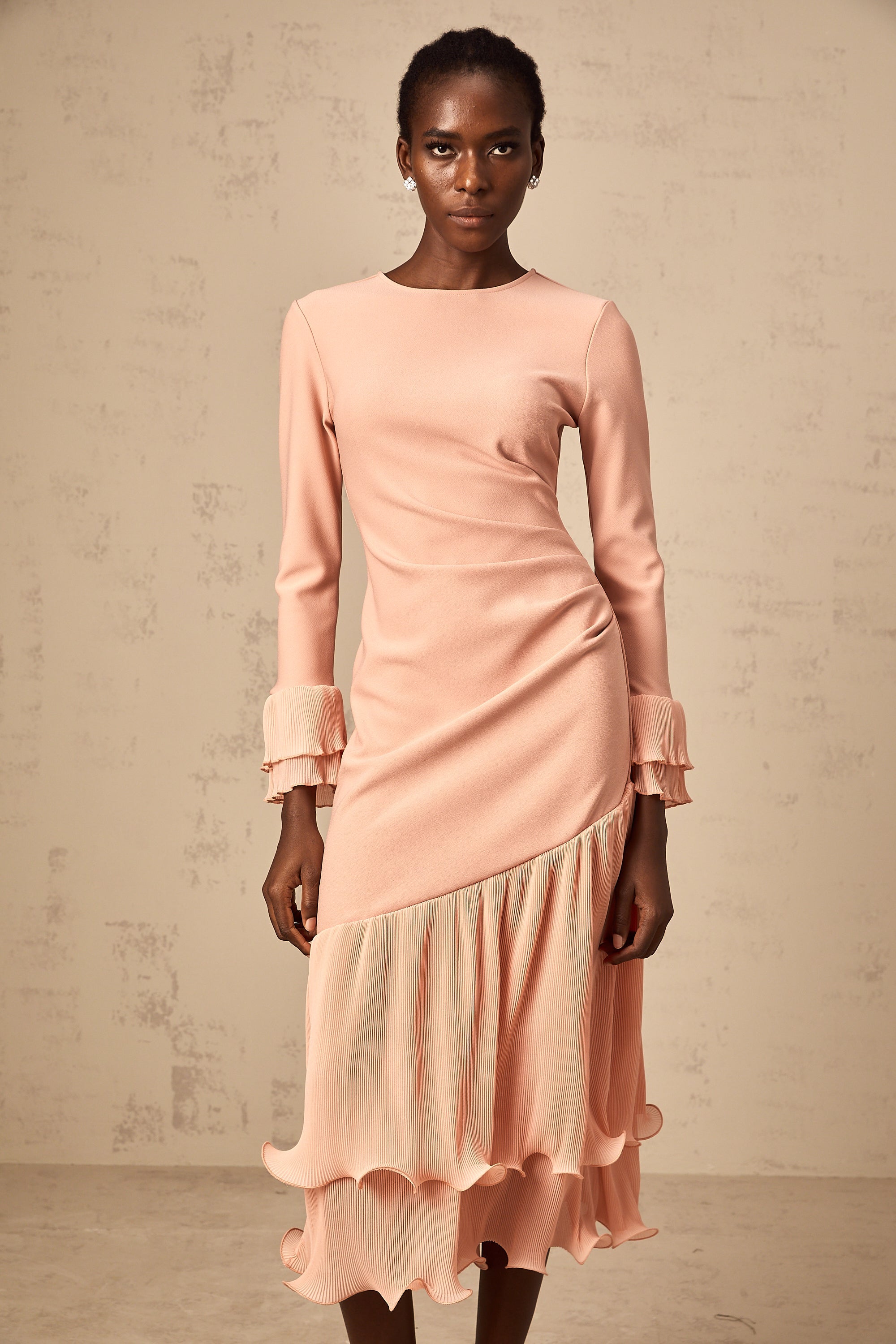 Fleurida ruffled-trim panelled midi dress in Pink