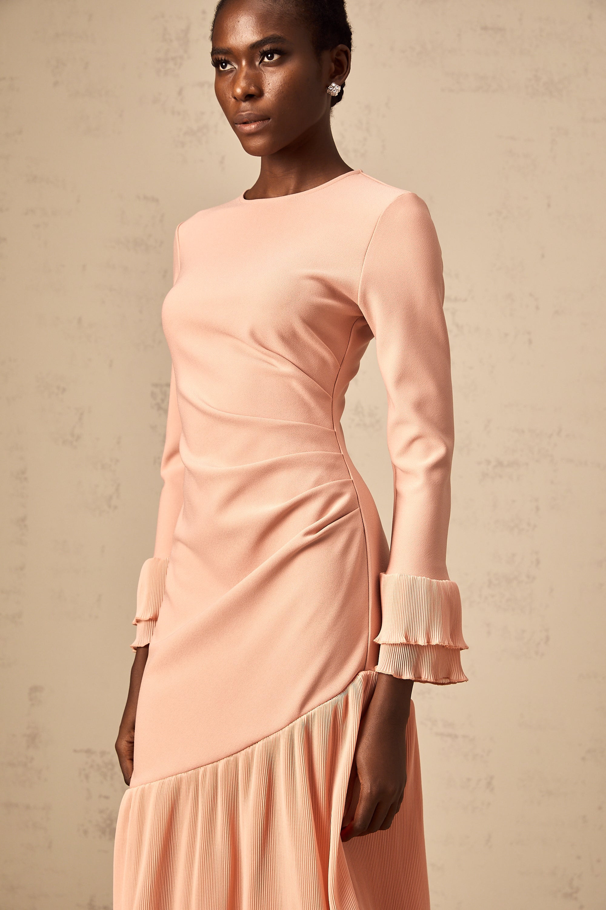 Fleurida ruffled-trim panelled midi dress in Pink