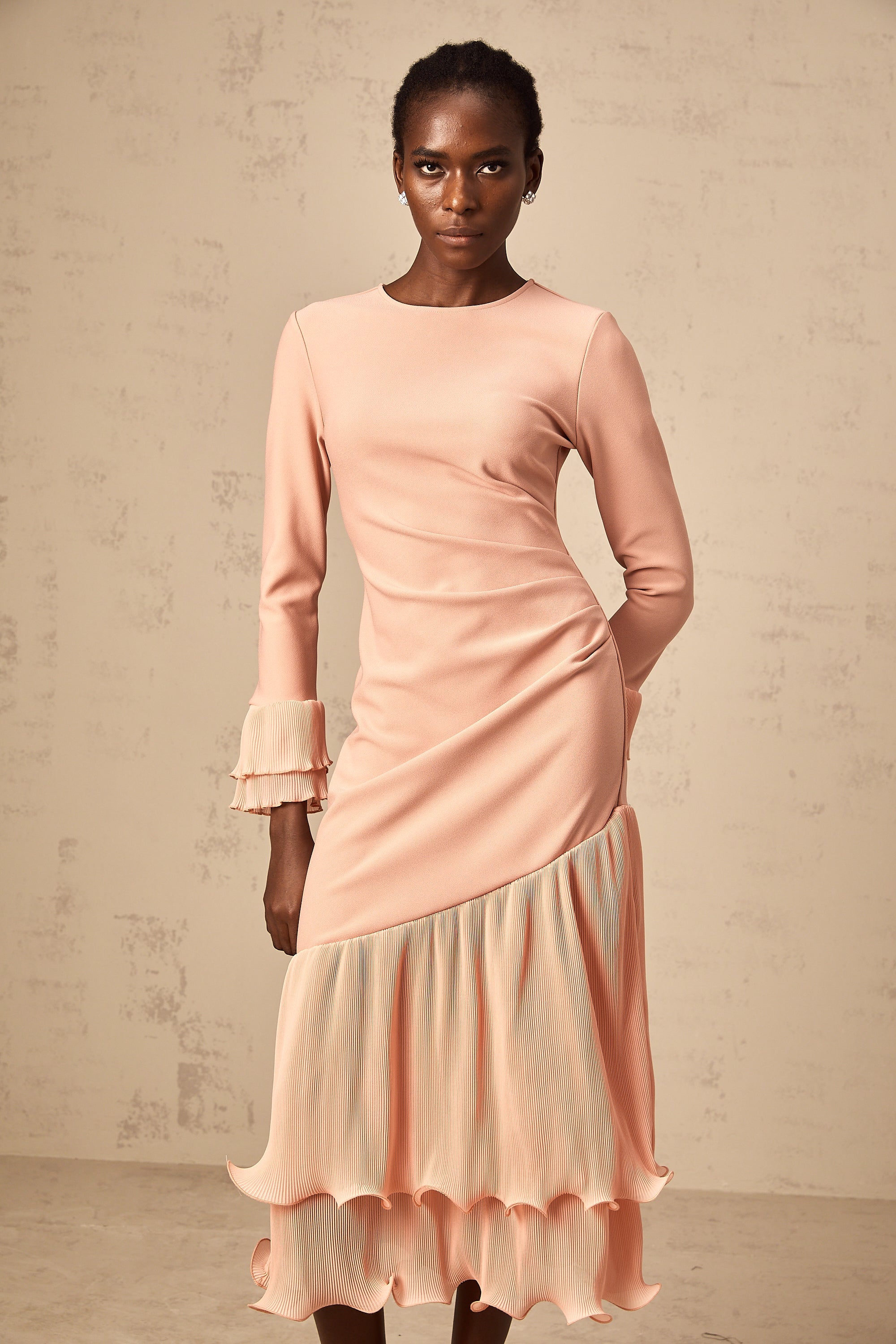 Fleurida ruffled-trim panelled midi dress in Pink