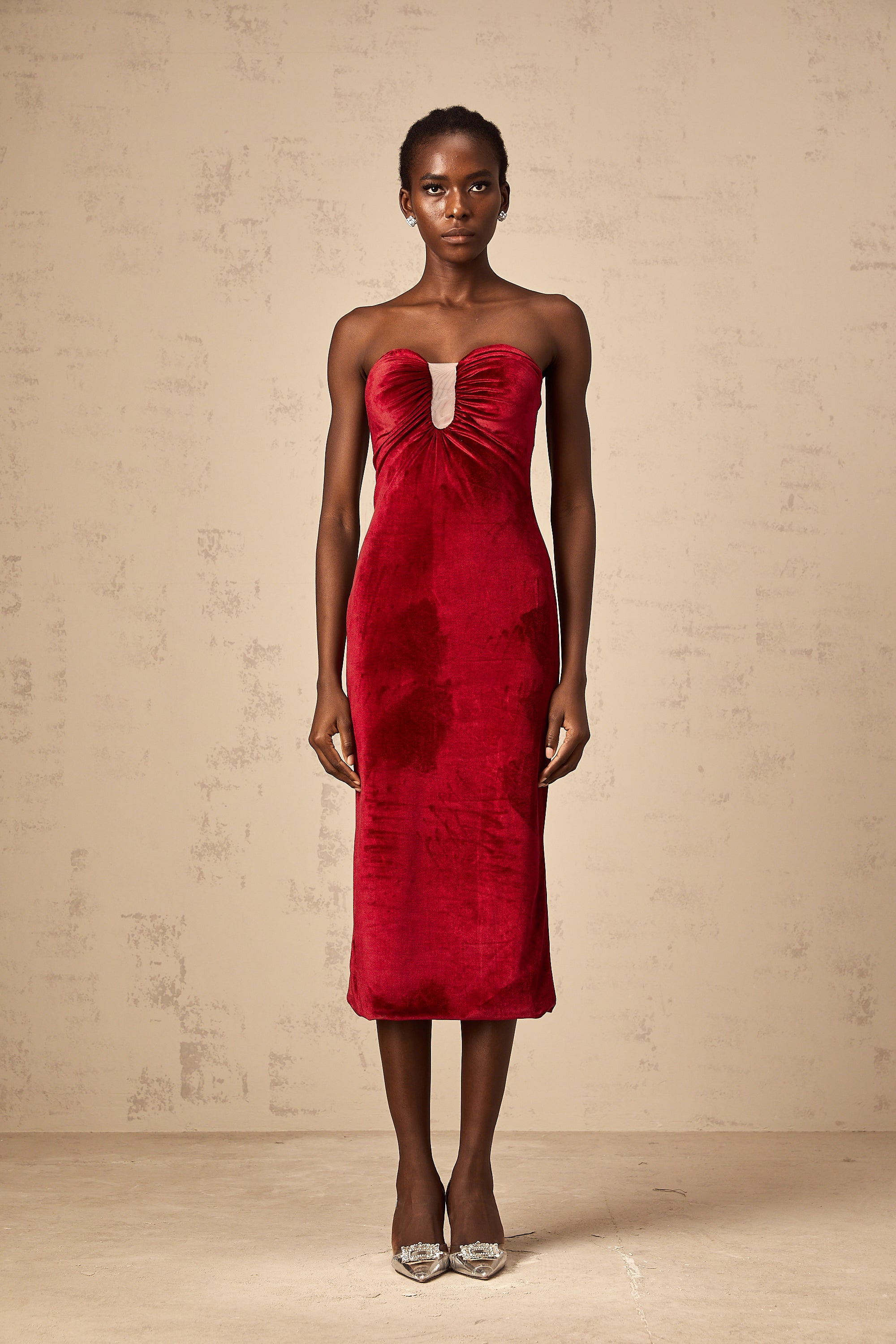 Tiphaine red gathered-detail velvet midi dress