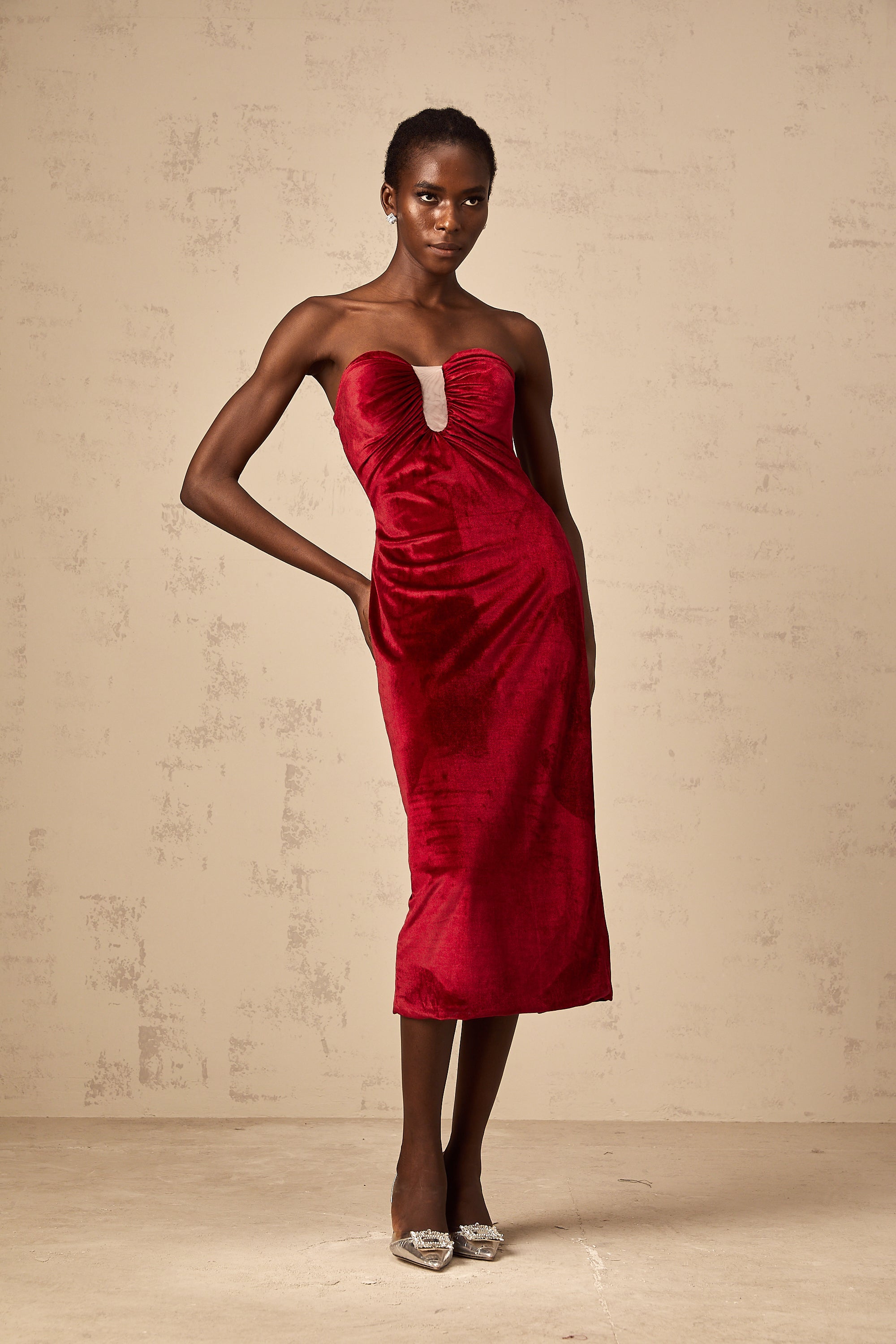 Tiphaine red gathered-detail velvet midi dress