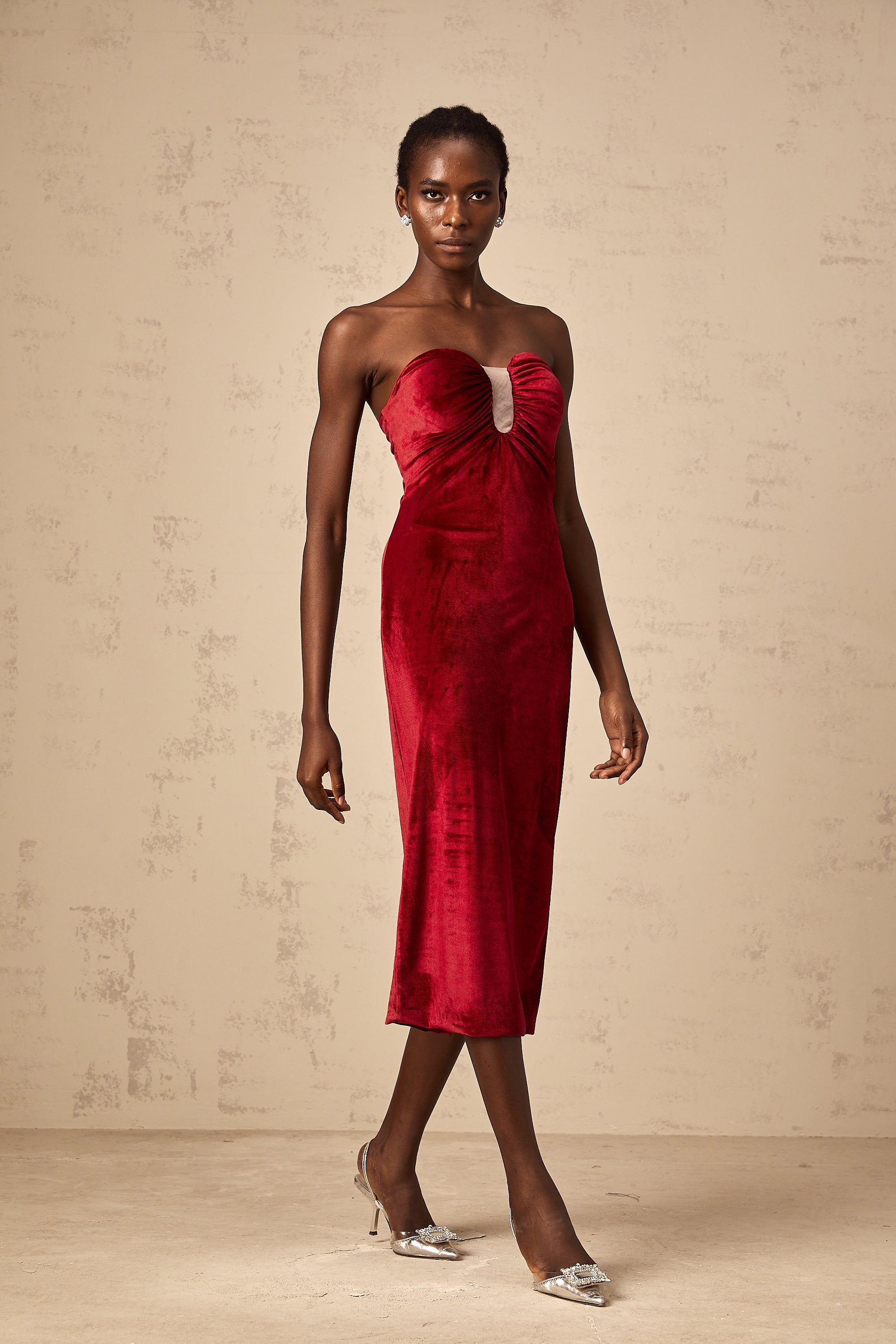 Tiphaine red gathered-detail velvet midi dress