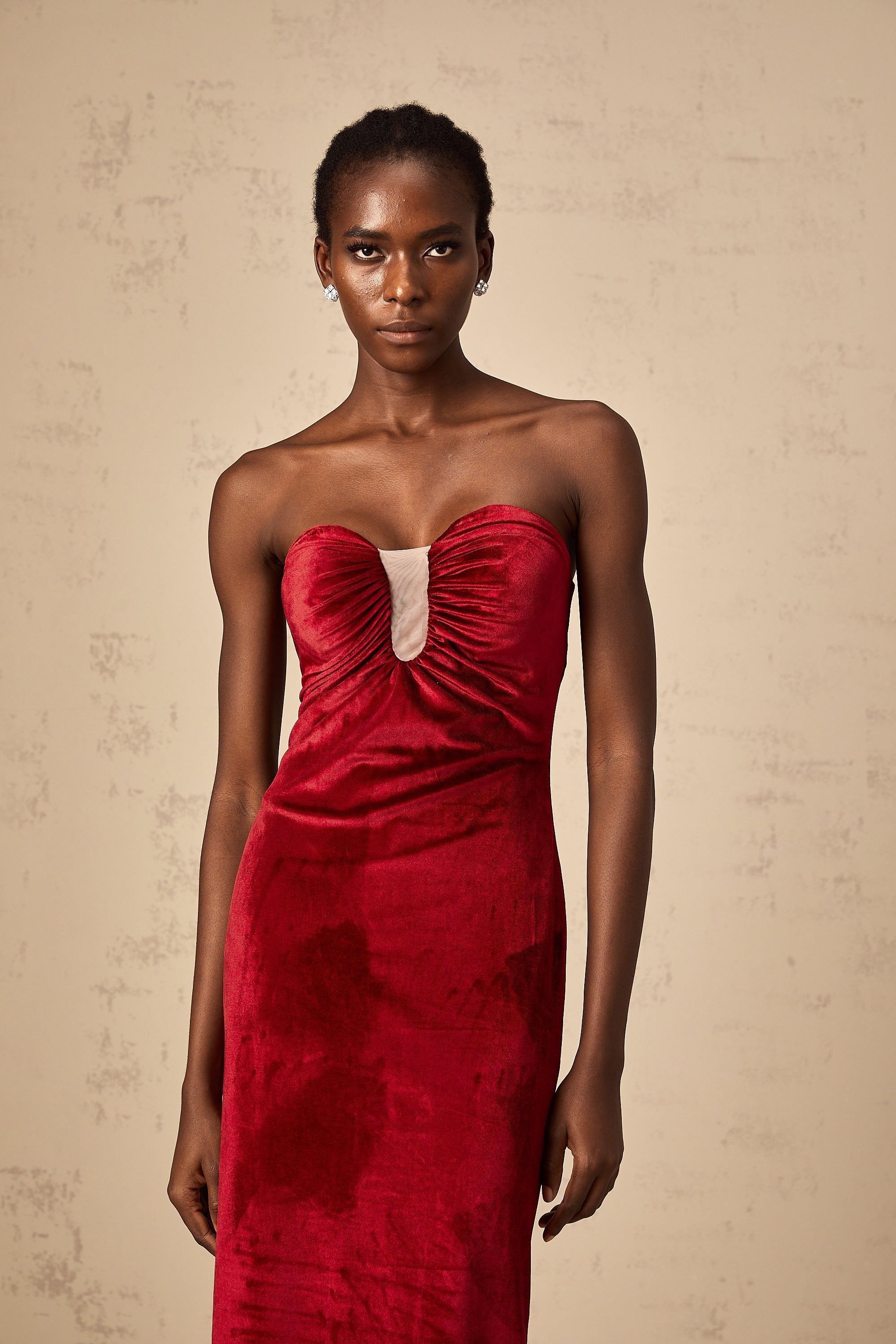 Tiphaine red gathered-detail velvet midi dress