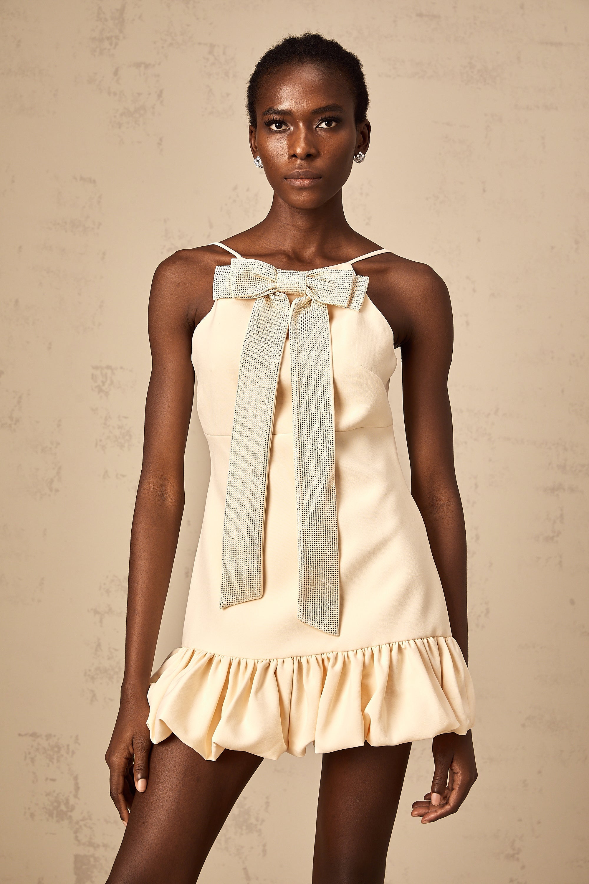 Hannah neutrals bow rhinestone mini dress