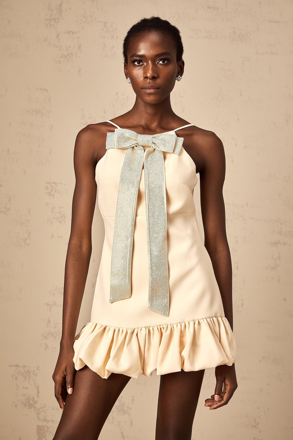 Hannah neutrals bow rhinestone mini dress
