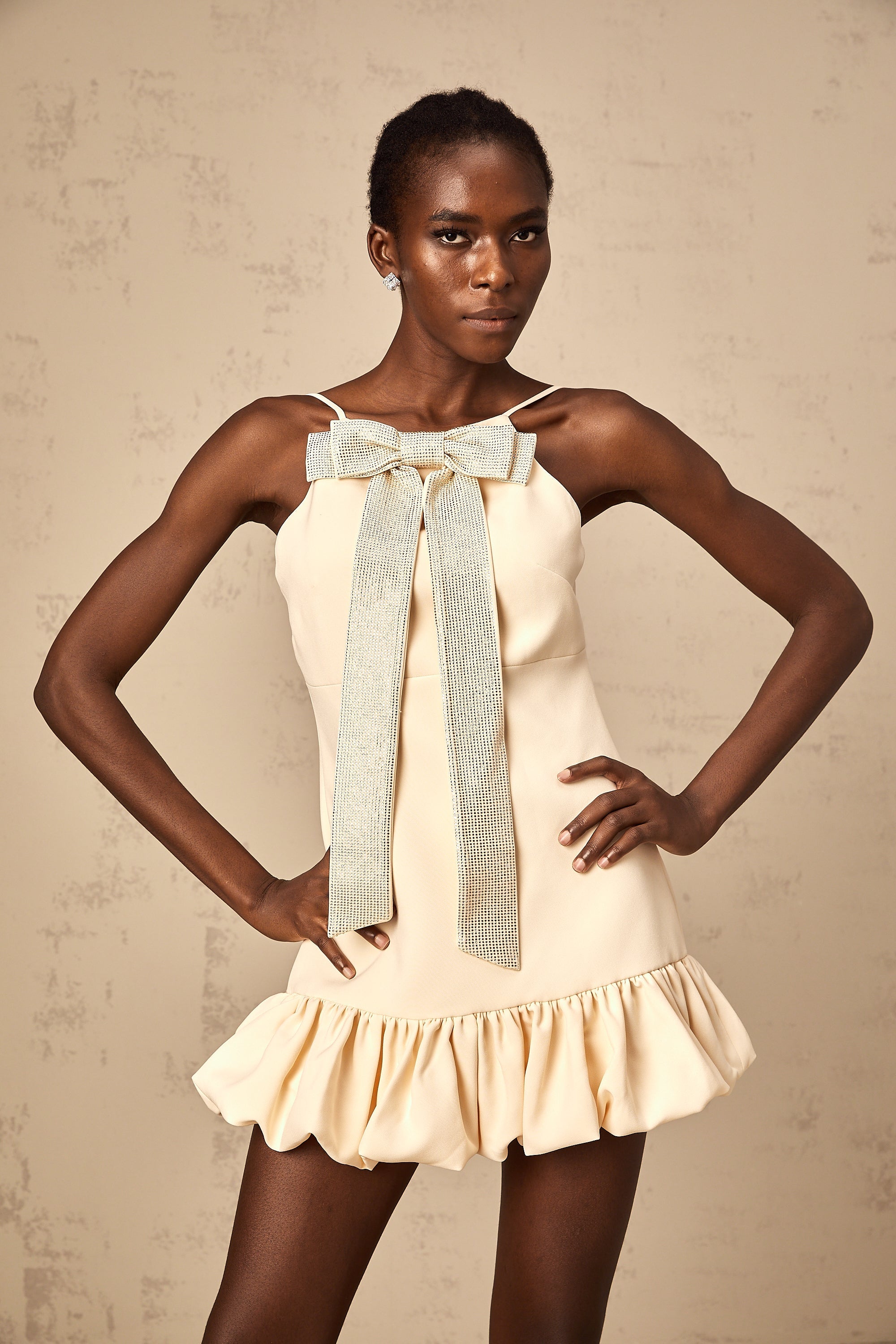 Hannah neutrals bow rhinestone mini dress