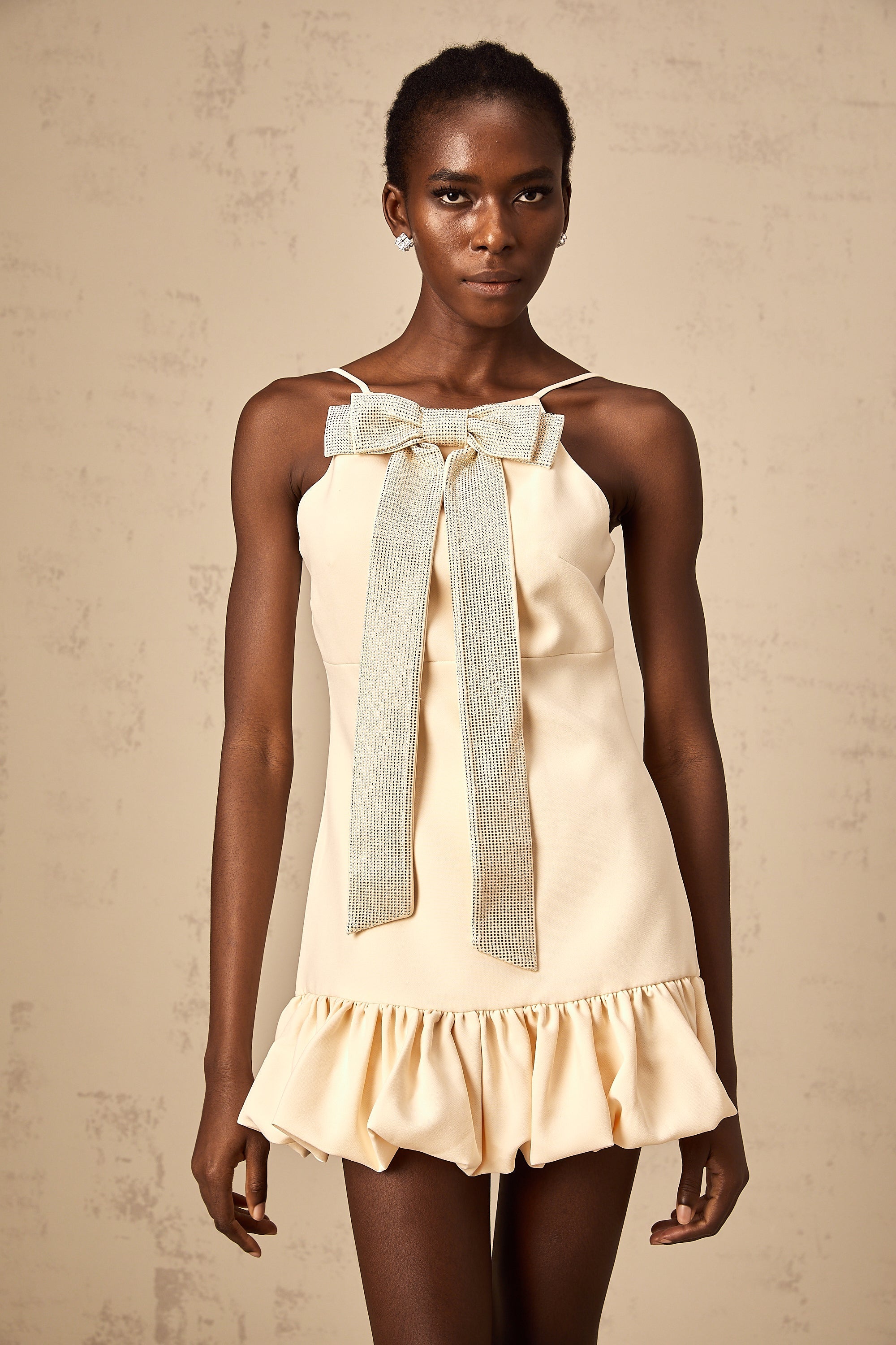 Hannah neutrals bow rhinestone mini dress