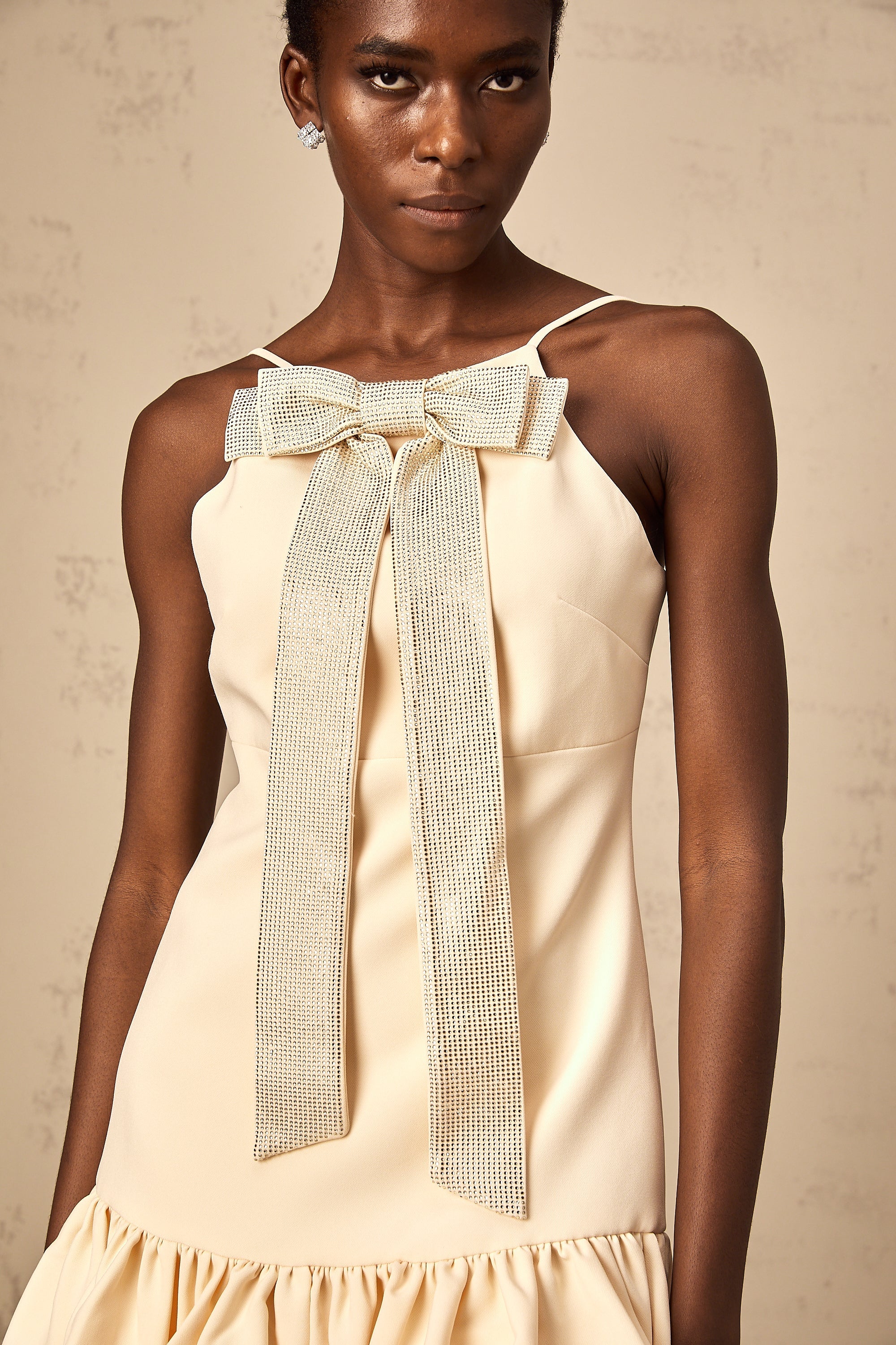 Hannah neutrals bow rhinestone mini dress