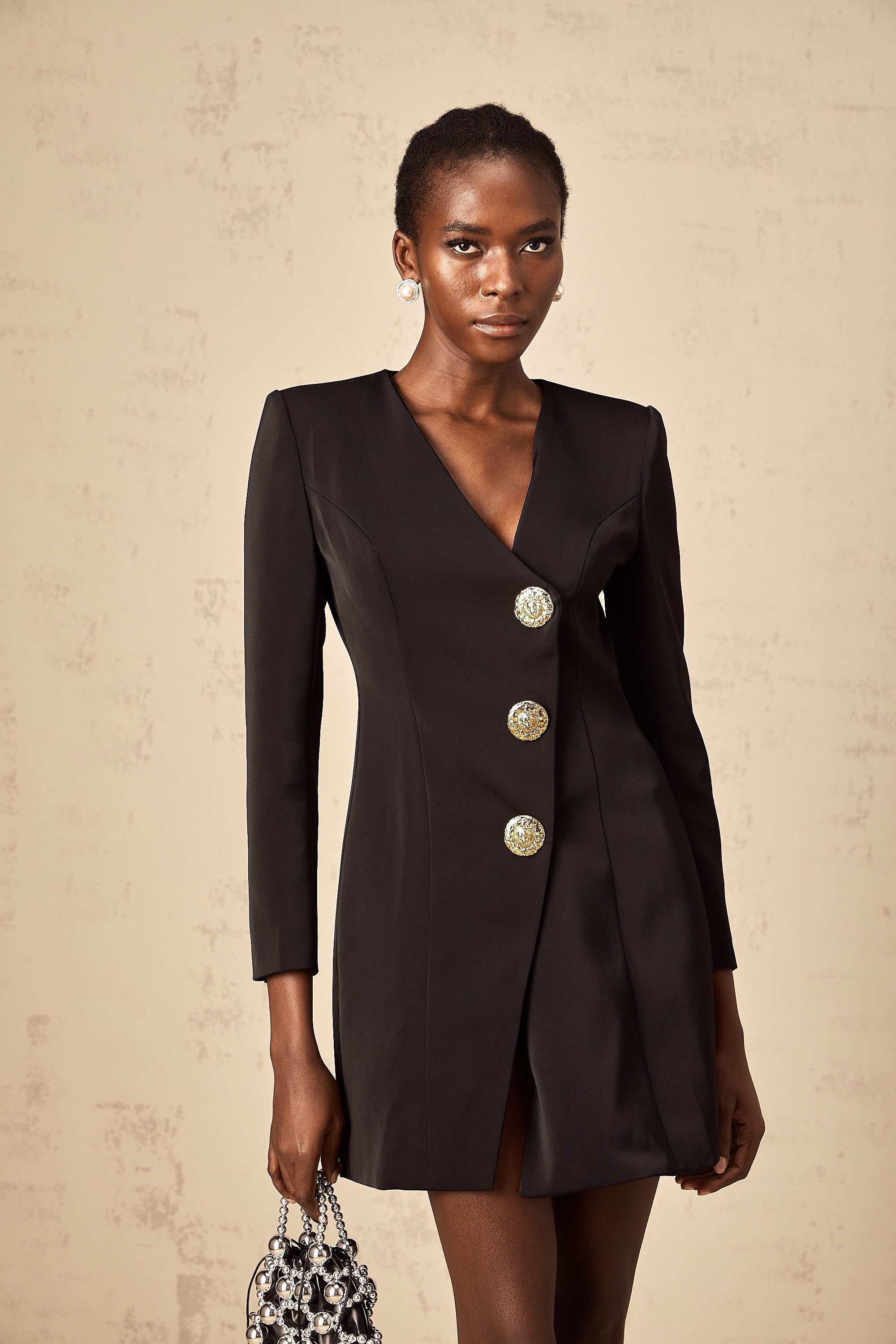 Dominique black lion-head blazer mini dress