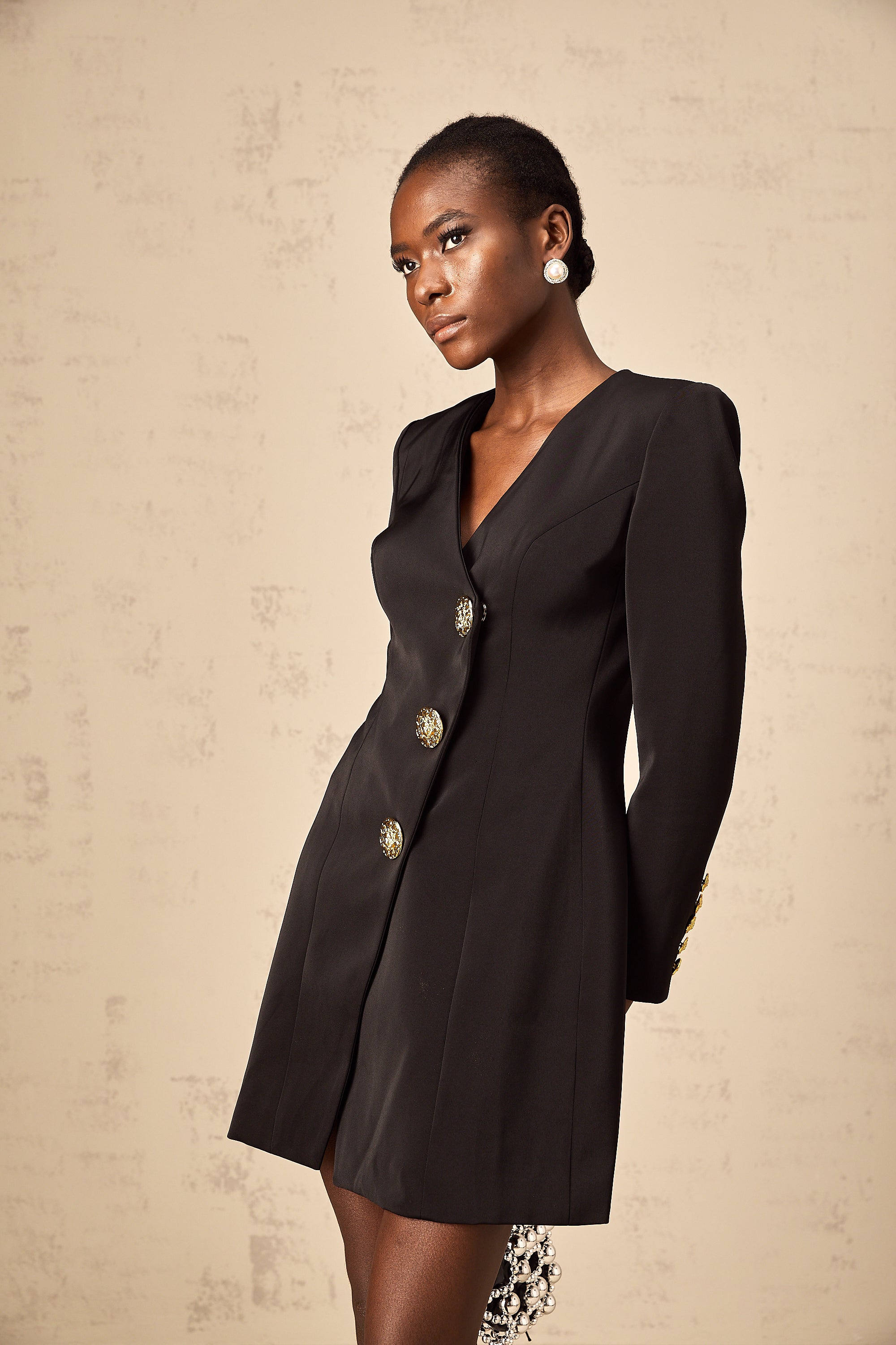 Dominique black lion-head blazer mini dress