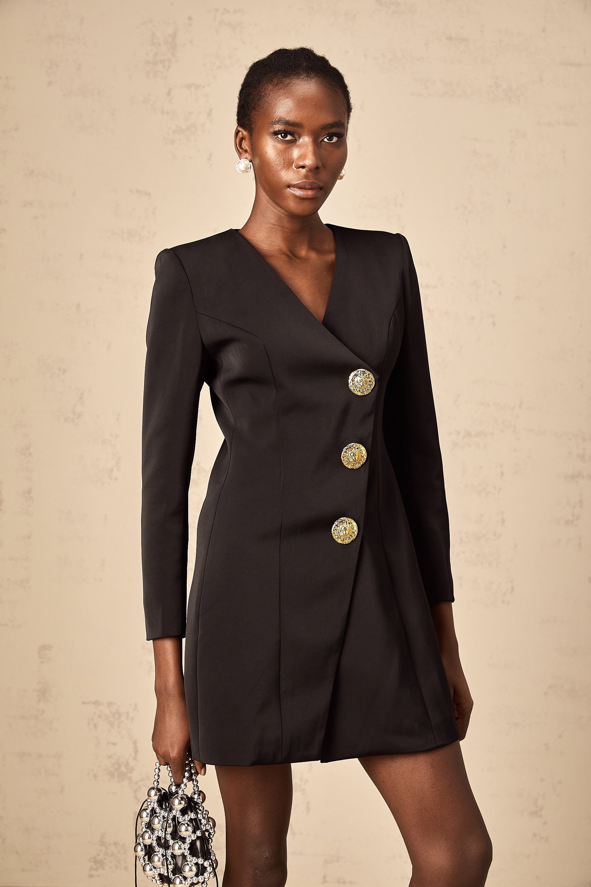Dominique black lion-head blazer mini dress