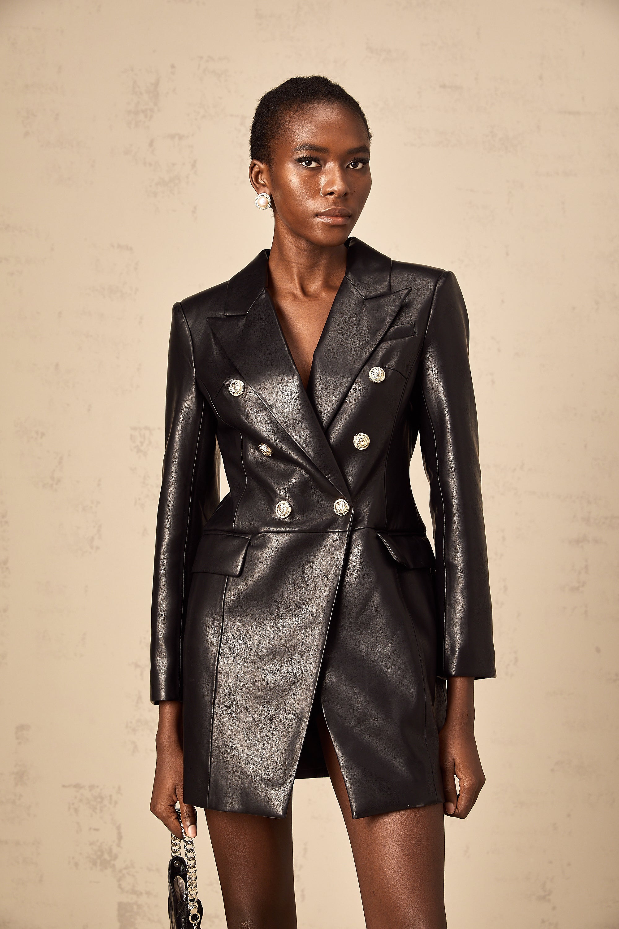 Gisèle black leather blazer mini dress
