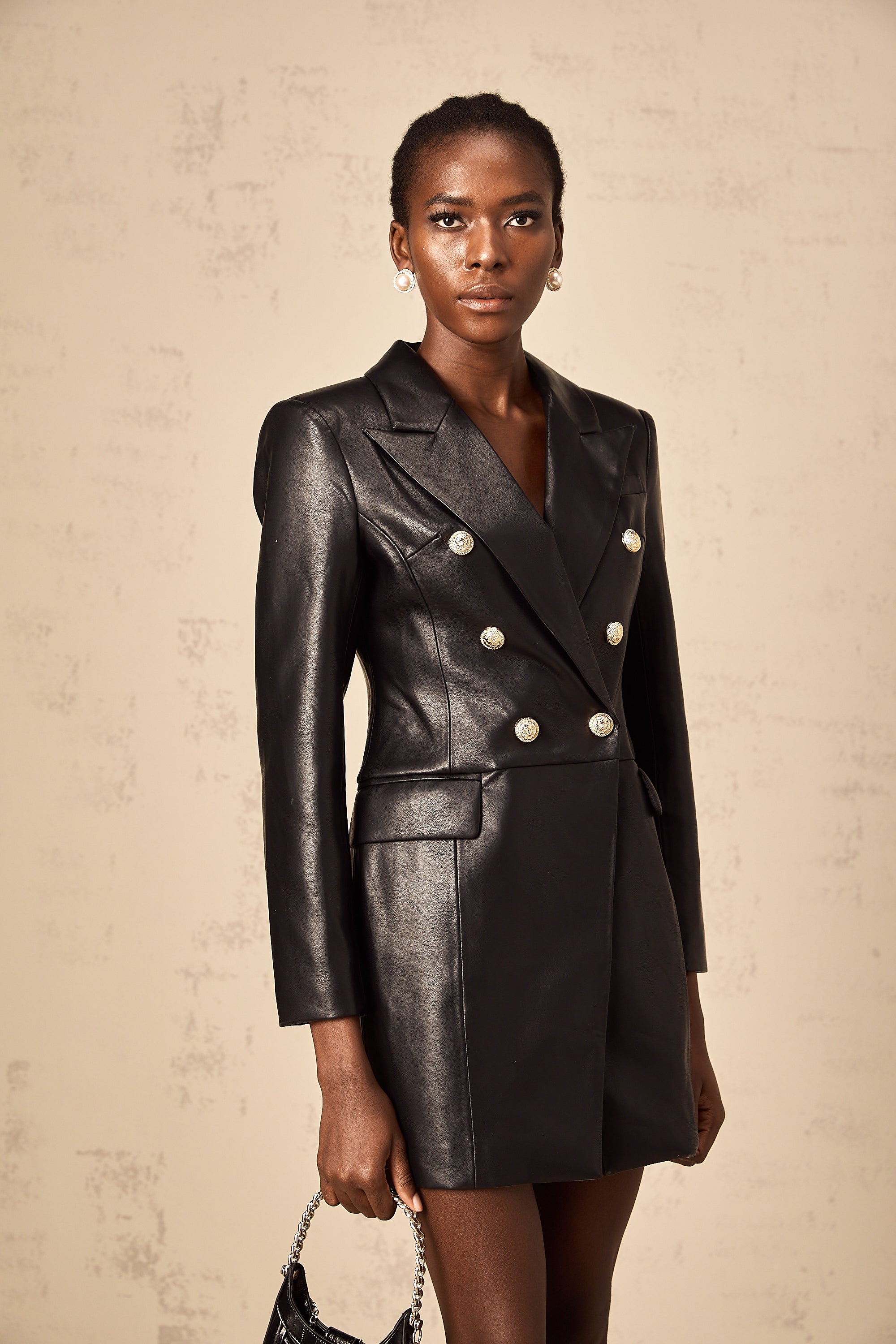 Gisèle black leather blazer mini dress