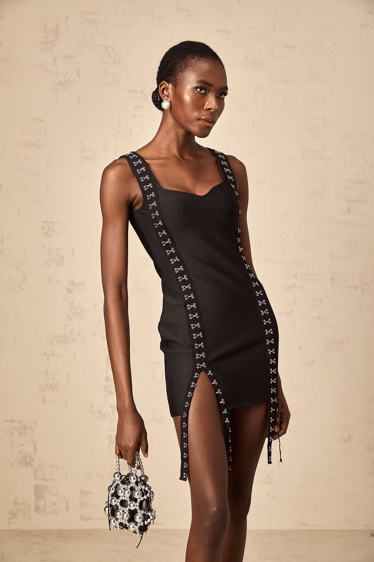 Irina black hook-and-eye bandage mini dress