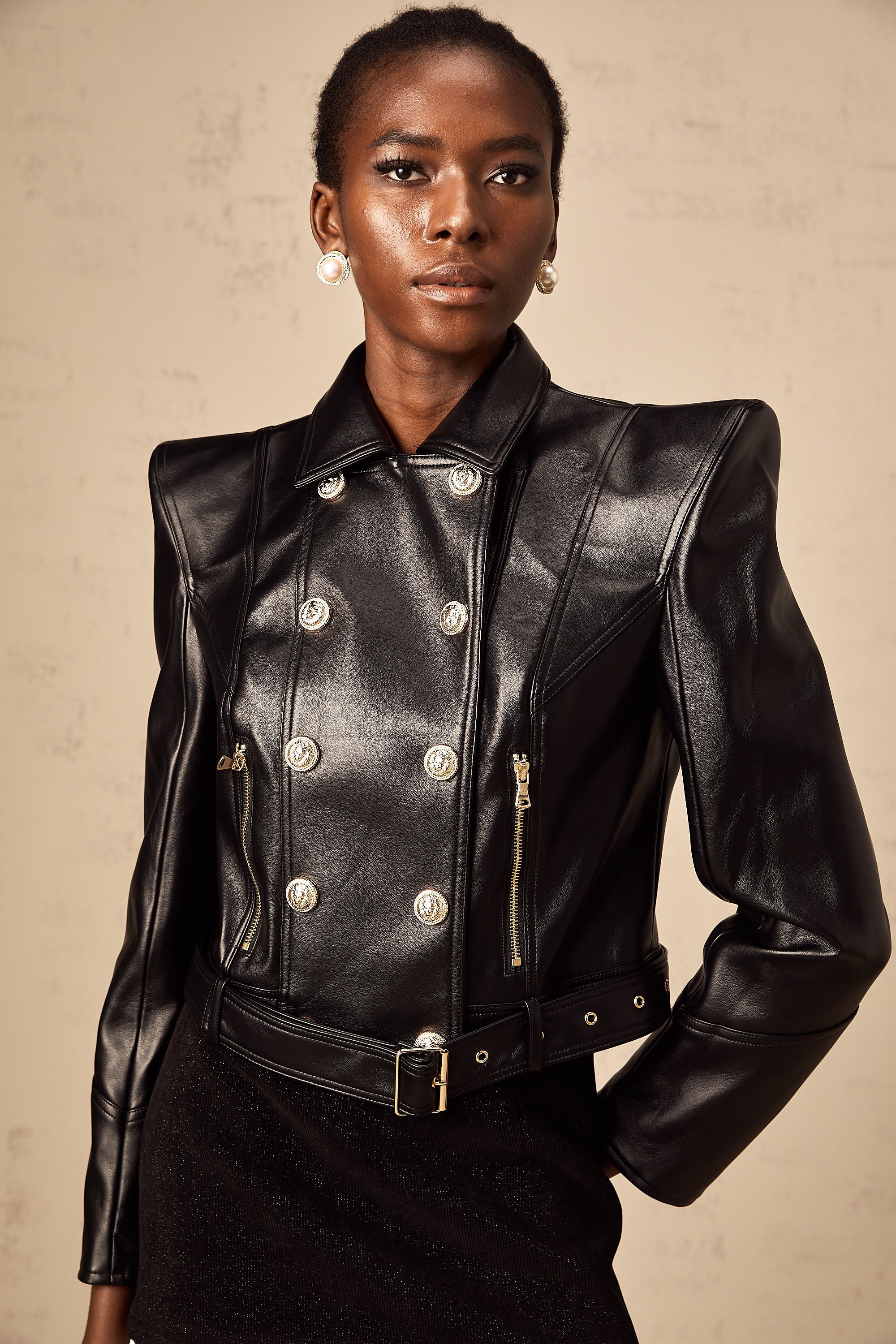 Diane black faux-leather double-breasted jacket