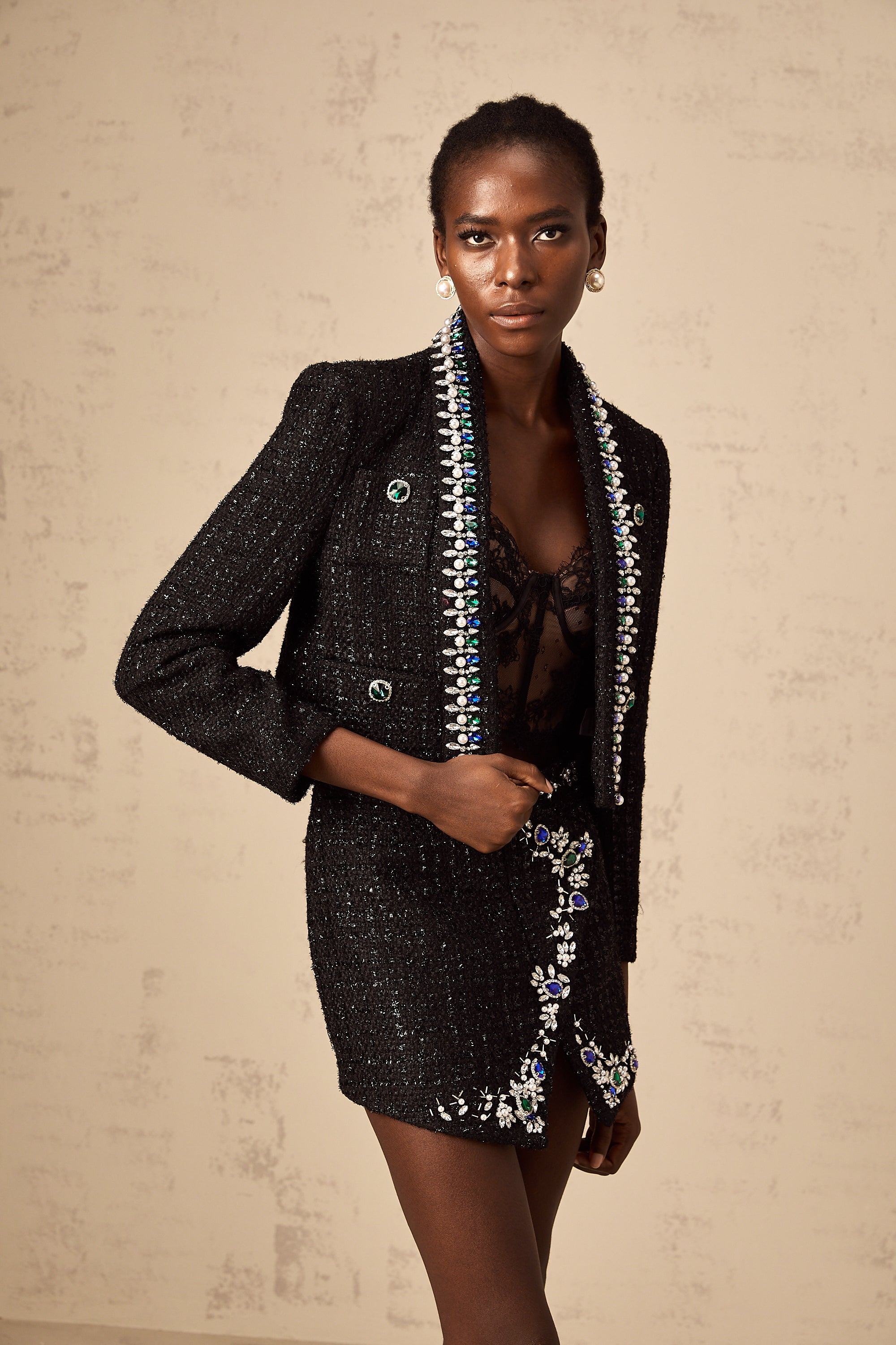 Delphine black crystal tweed jacket & skirt matching set